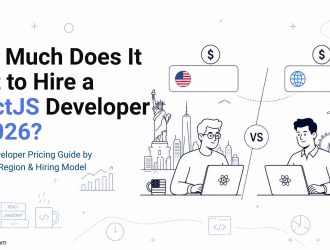 Illustration comparing onshore and offshore ReactJS developers with a 2026 hiring cost guide covering developer rates, regions, and hiring strategies