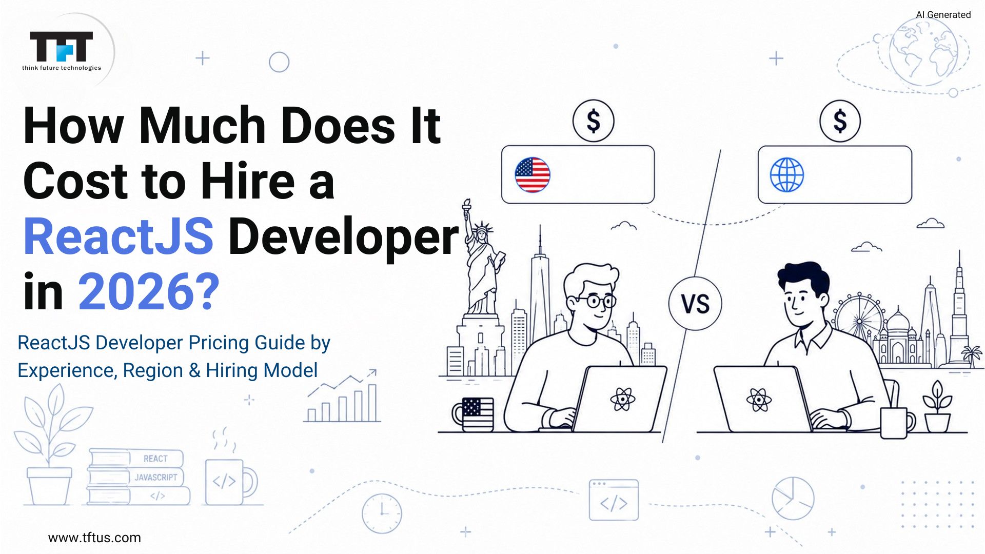 Illustration comparing onshore and offshore ReactJS developers with a 2026 hiring cost guide covering developer rates, regions, and hiring strategies