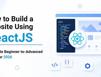 Hero illustration for a complete ReactJS website development guide covering setup, core concepts, styling, routing, API integration, optimization, and deployment