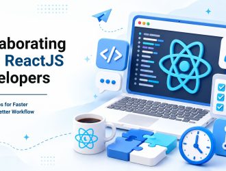 Illustration of ReactJS team collaboration featuring developers, communication, shared workflows, and best practices for faster project delivery and scalable development