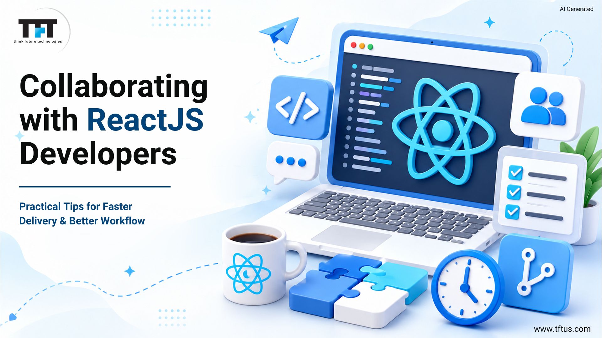 Illustration of ReactJS team collaboration featuring developers, communication, shared workflows, and best practices for faster project delivery and scalable development