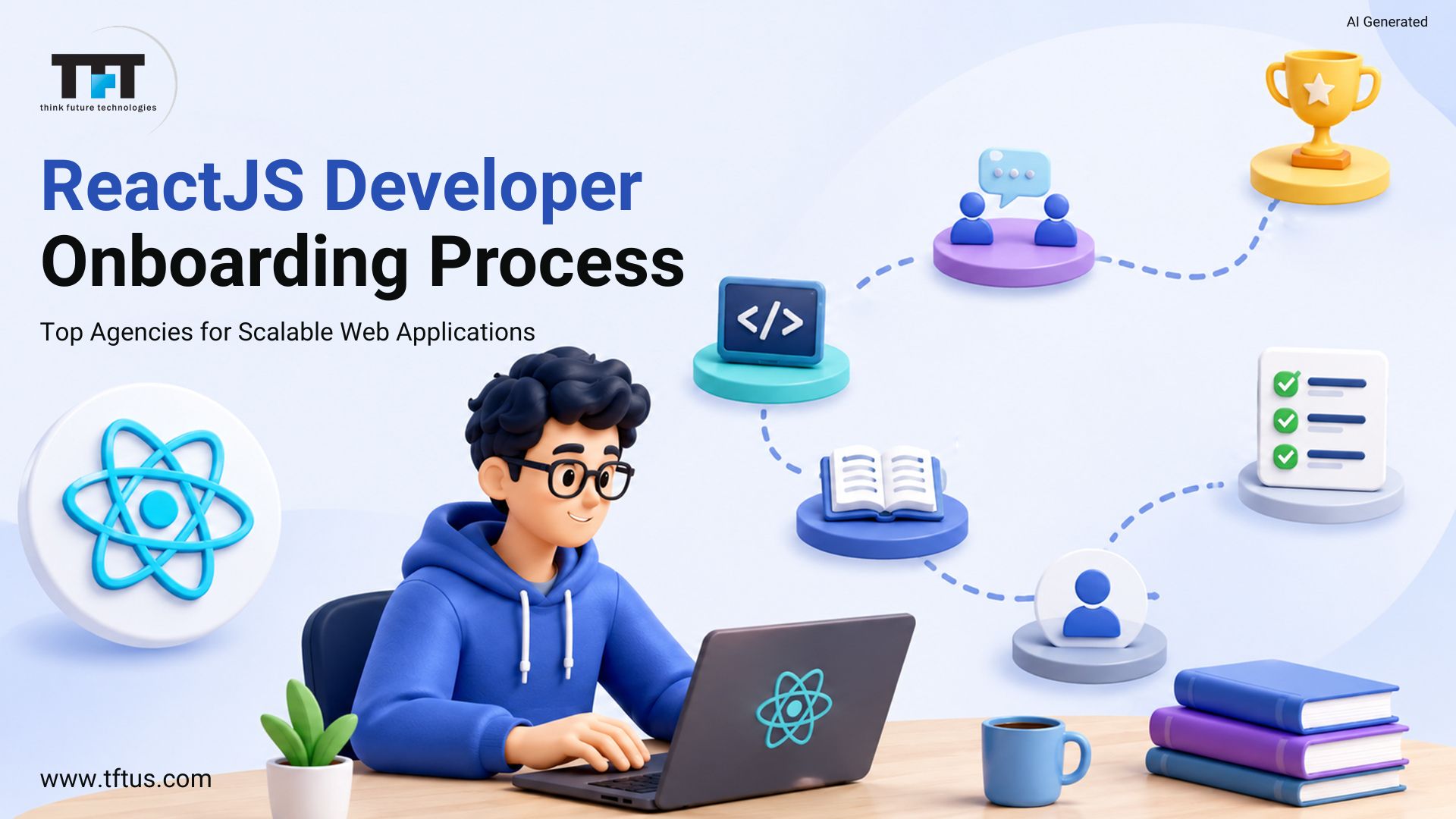 A feature graphic titled ReactJS Developer Onboarding Process with the subtitle Top Agencies for Scalable Web Applications by think future technologies. A 3D cartoon developer works on a React-branded laptop next to a large floating React logo, with a winding dotted path of development icons leading up to a gold trophy.