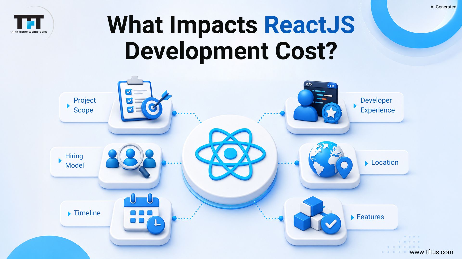 ReactJS development cost factors highlighting project scope, developer experience, hiring model, location, timeline, and feature complexity that influence project pricing
