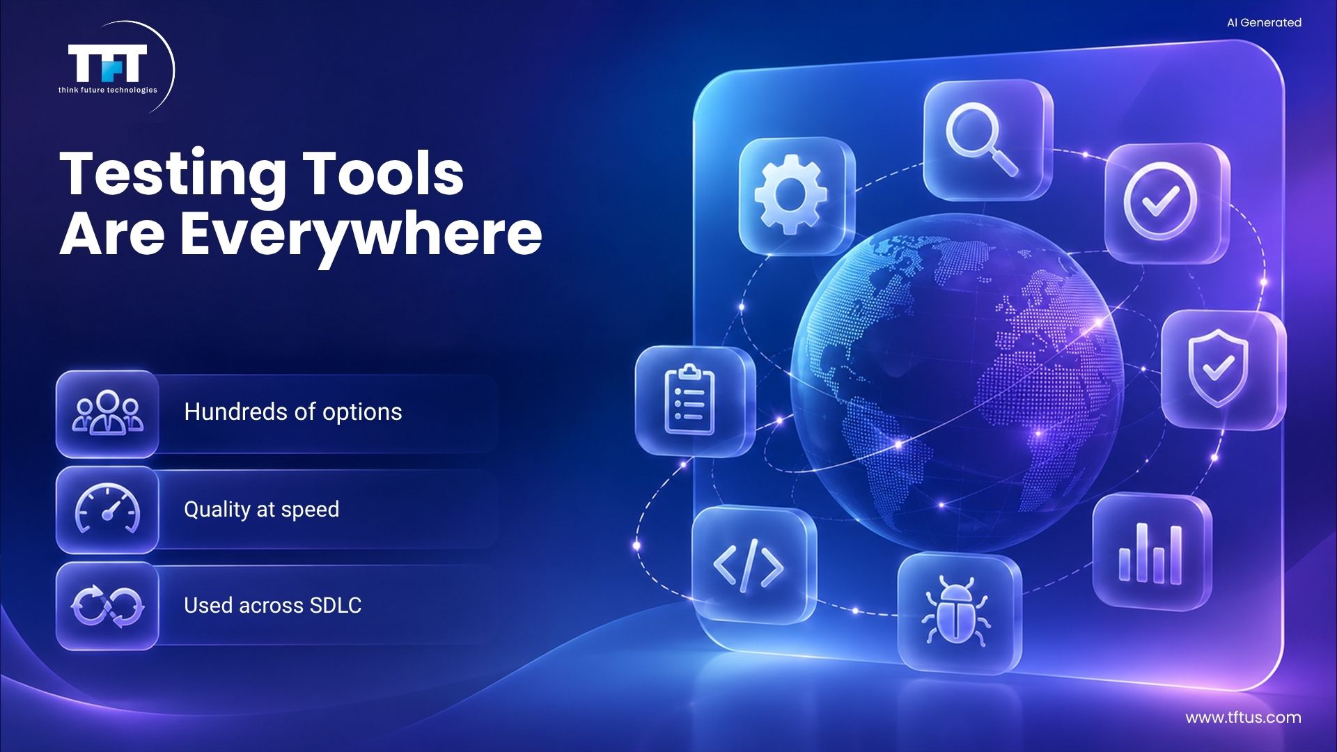 How Many Software Testing Tools Are Available? Complete List & Overview 2 Illustration showing software testing tools used across the software development lifecycle with automation, quality assurance, performance testing, security testing, and bug tracking.