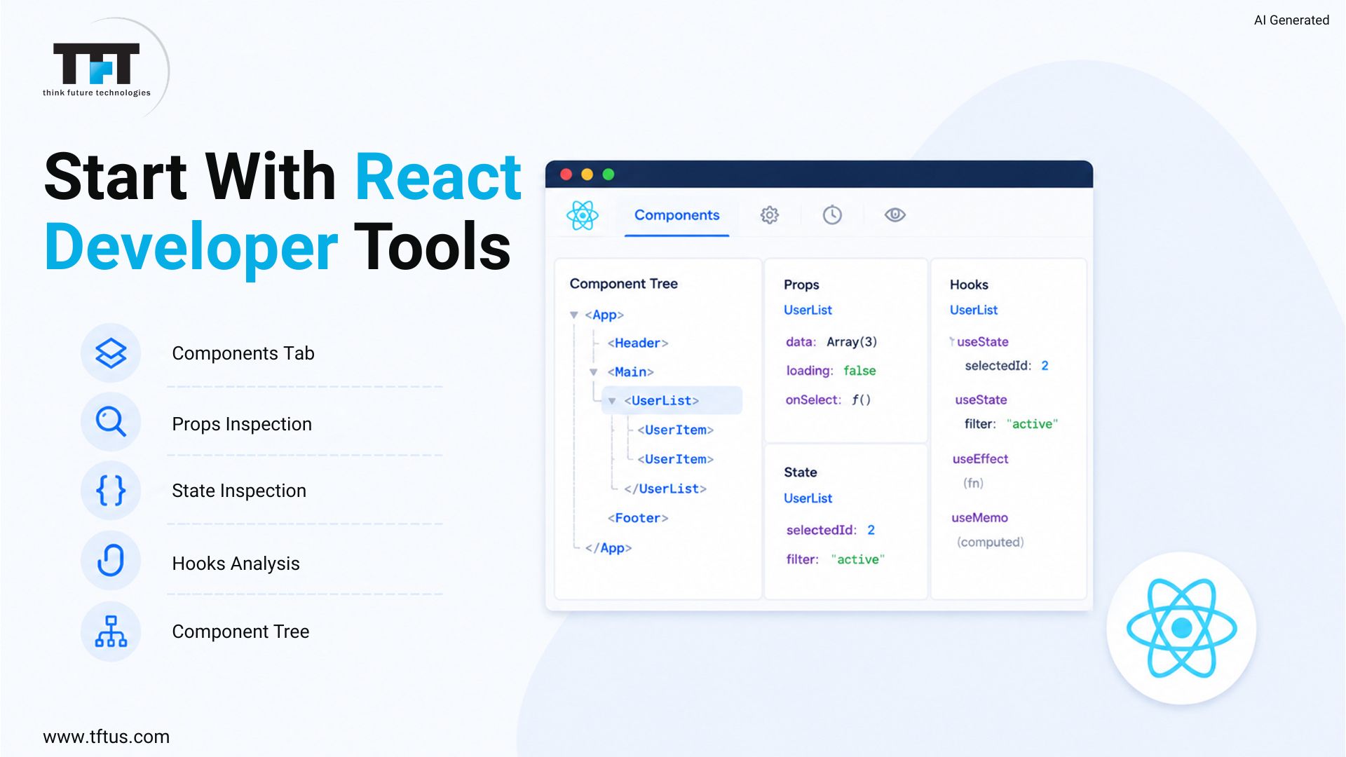 The React Developer Tools Components tab interface, showing the component tree inspection on the left and detail panels for props, state management, and hooks analysis on the right.