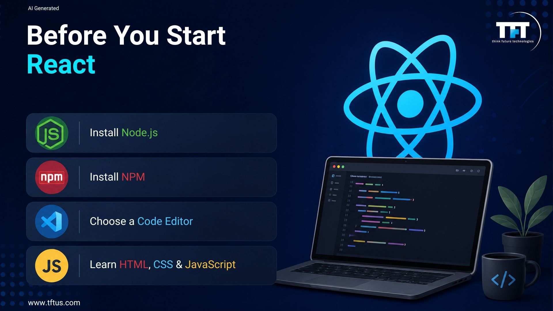 An infographic checklist titled "Before You Start React" listing essential prerequisites: installing Node.js, installing NPM, choosing a code editor, and learning HTML, CSS, and JavaScript.