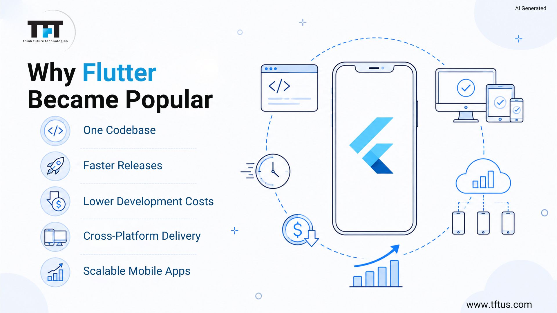 Best Flutter Development Companies: Top Agencies for High-Performance Mobile Apps 2 Illustration showing why Flutter became popular, highlighting one codebase, faster releases, lower development costs, cross-platform delivery, and scalable mobile app development, with the Flutter logo displayed on a smartphone surrounded by development and deployment icons.