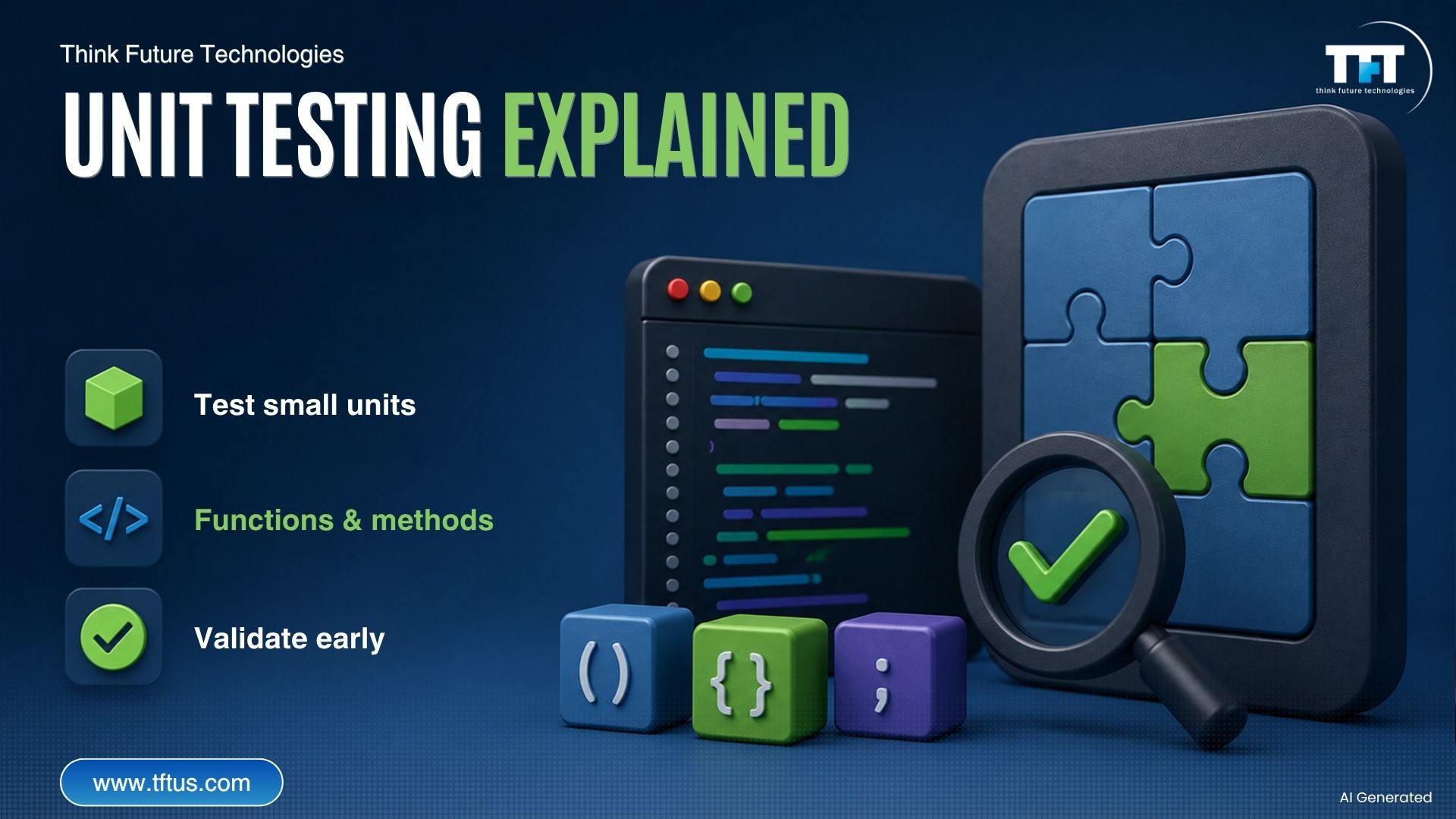 Hero illustration introducing unit testing, showing code components, validation, and modular testing to ensure reliable software by testing individual functions independently.
