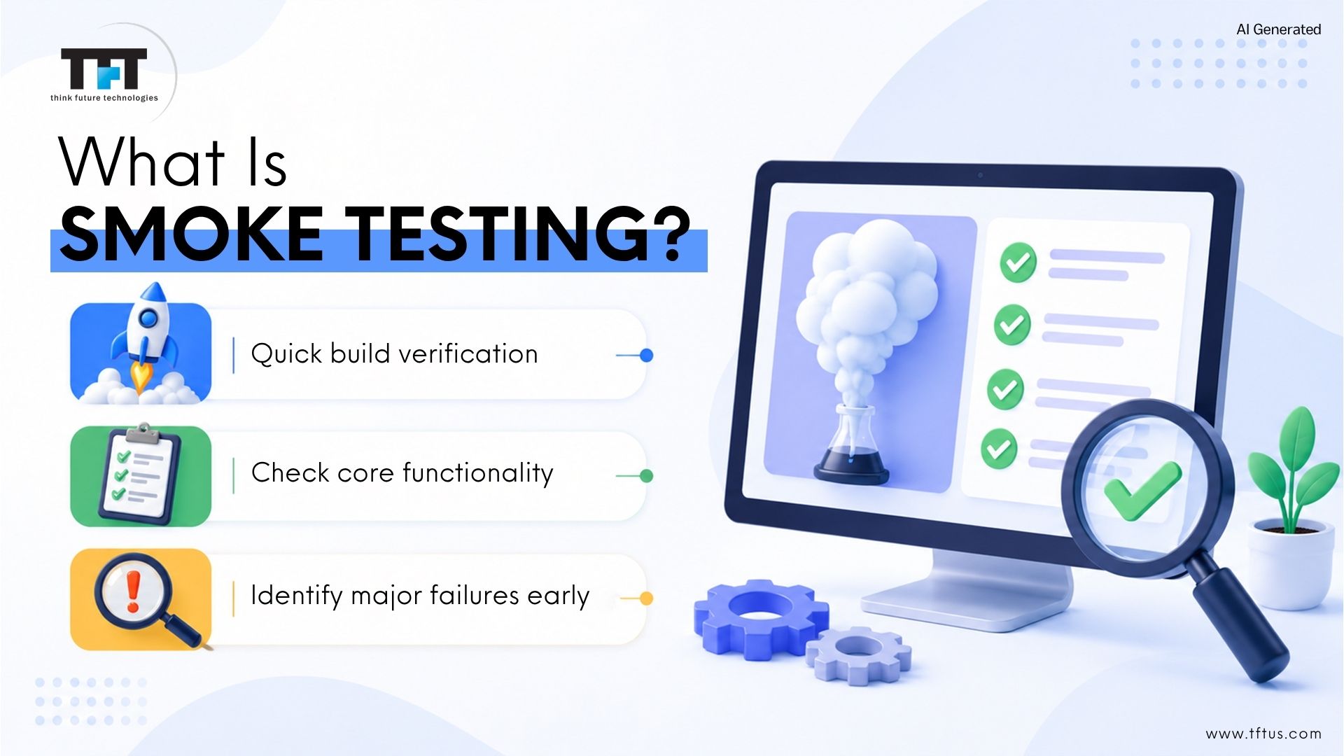 What Is a Smoke Test in Software? Definition, Purpose & Examples 2 Illustration introducing smoke testing in software testing, explaining its definition, purpose, and practical examples for validating application stability after every new build.