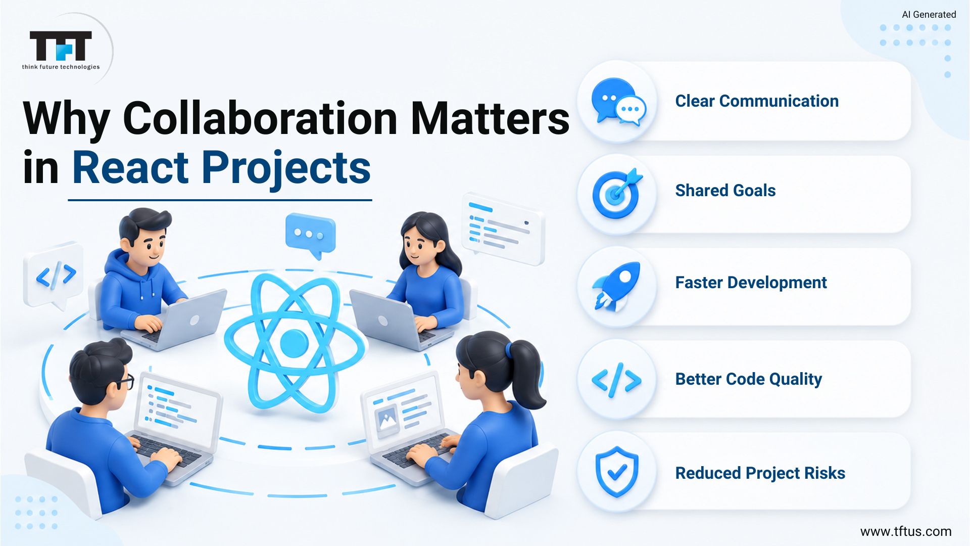 ReactJS team collaboration highlighting clear communication, shared goals, faster development, improved code quality, and reduced project risks
