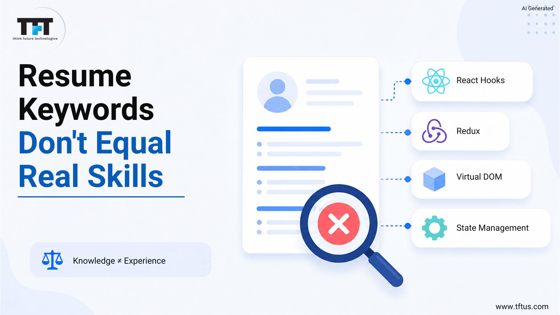 ReactJS hiring mistakes showing why resume keywords like React Hooks, Redux, Virtual DOM, and State Management do not guarantee real development skills