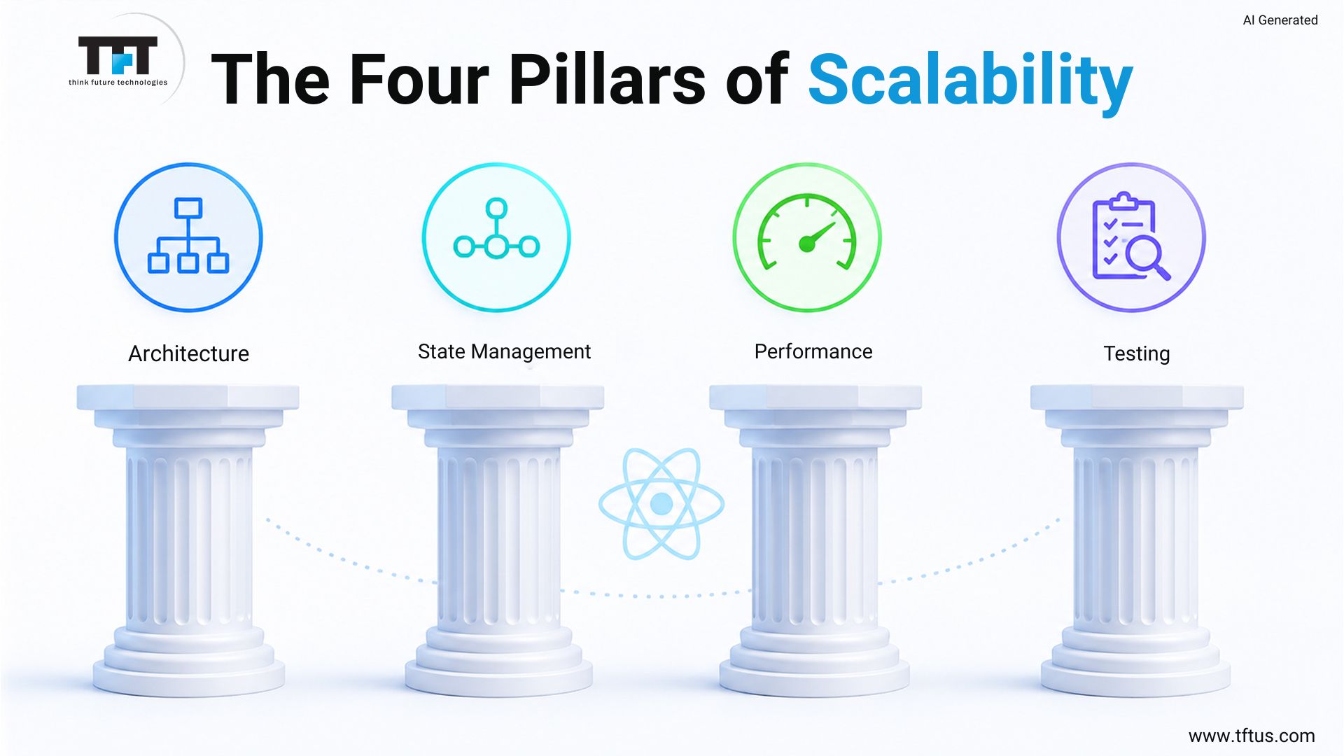 Infographic showing the four pillars of React scalability: architecture, state management, performance, and testing
