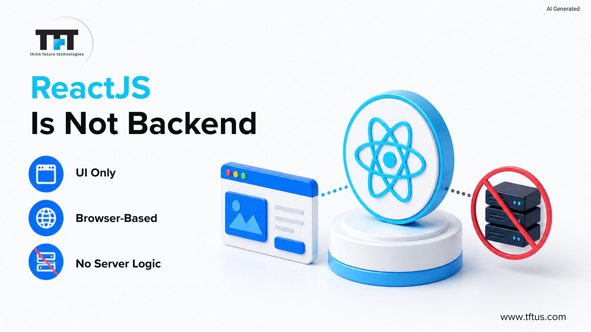 ReactJS is not a backend framework, highlighting its role in building user interfaces, running in the browser, and relying on backend services for business logic and data processing