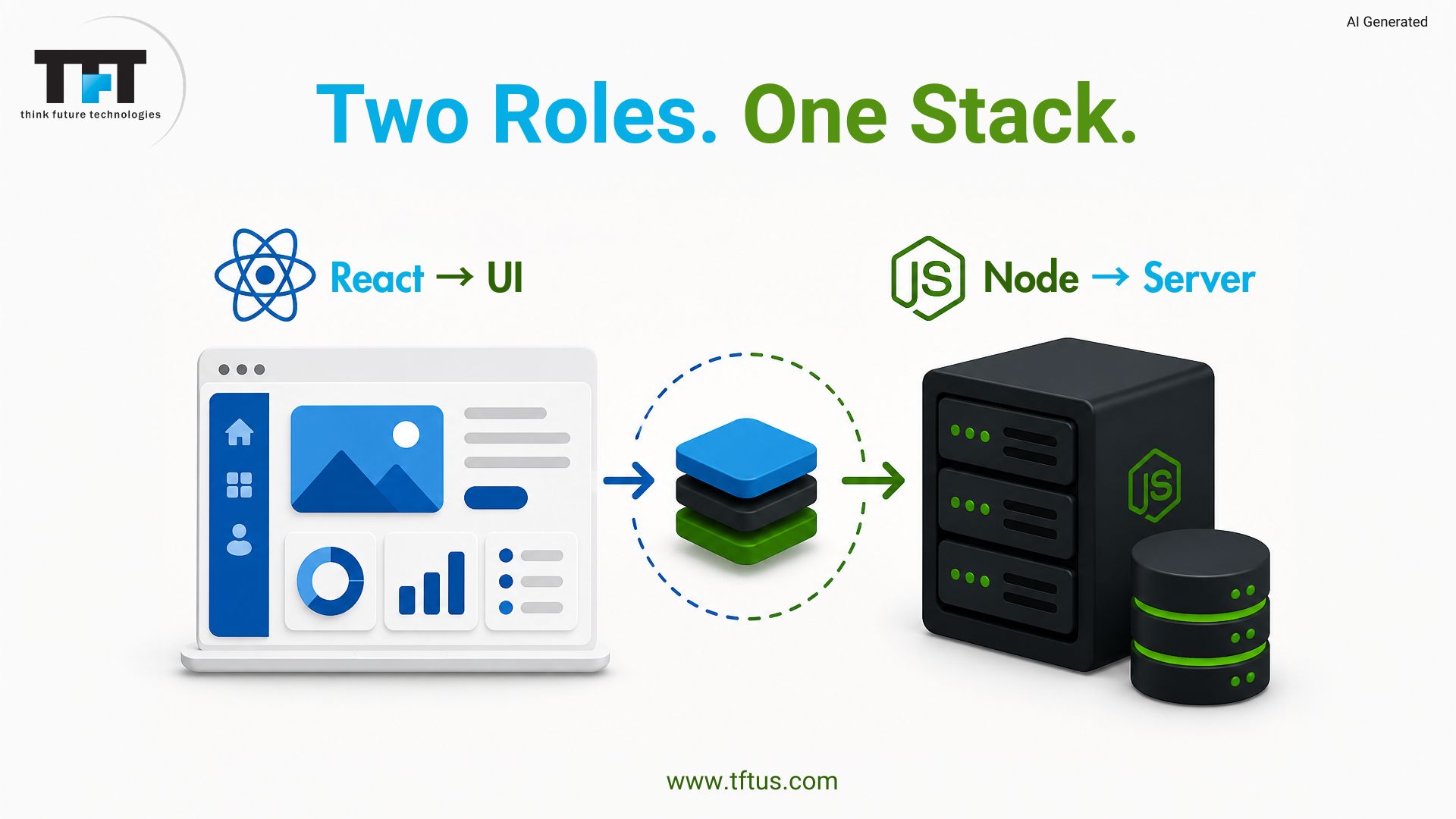 What Is ReactJS and NodeJS: Complete Guide for Beginners 2 ReactJS and NodeJS roles in full-stack development, highlighting React for building user interfaces and Node.js for powering backend servers and APIs