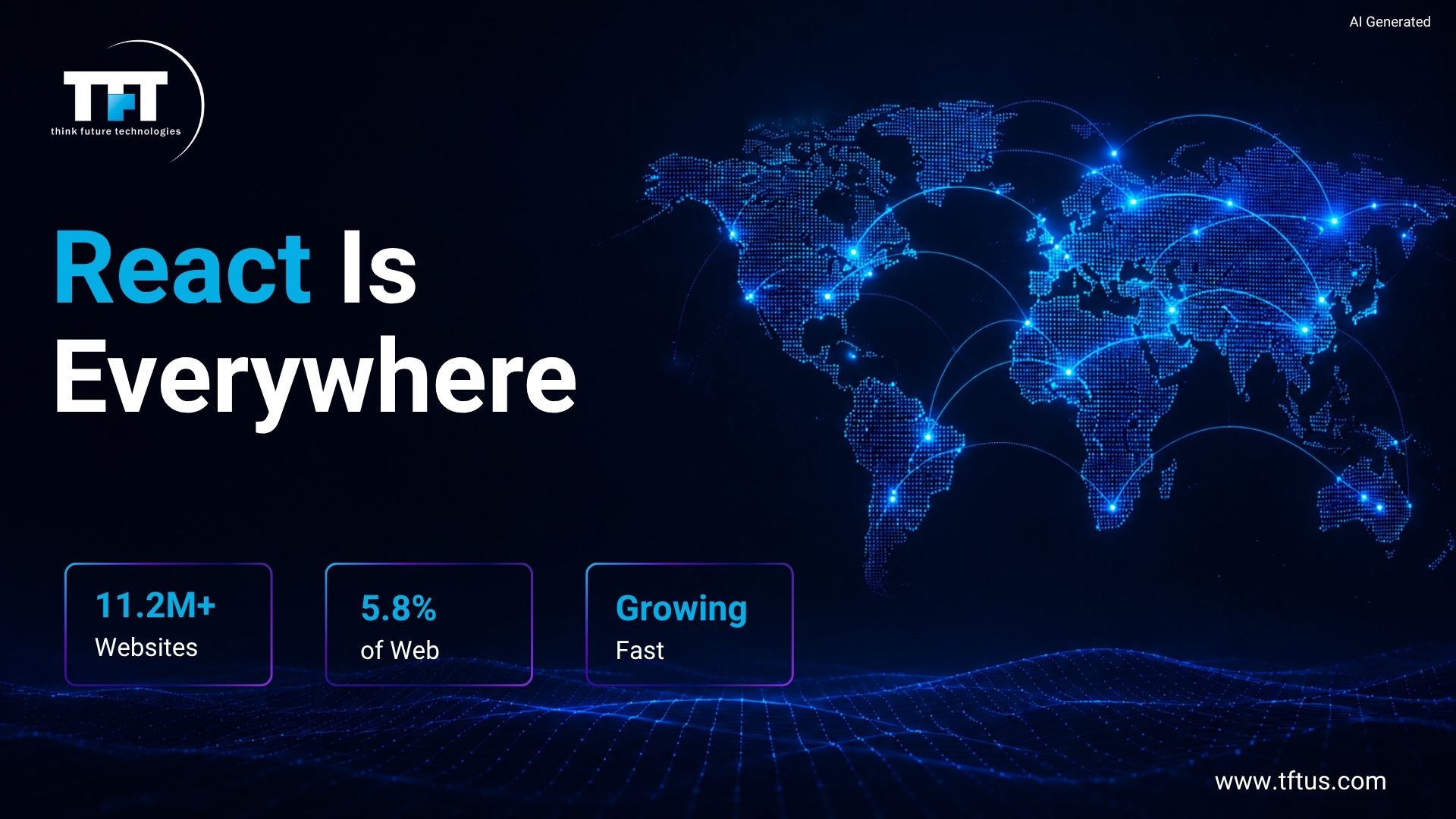 ReactJS powers millions of websites worldwide, showcasing global adoption, web usage statistics, and the continued growth of the React ecosystem