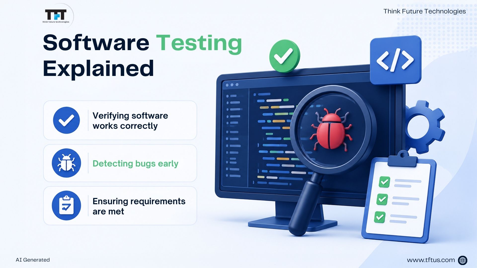 What Is Software Testing? Definition, Types & Importance Explained 2 Hero illustration explaining software testing, featuring a code editor, bug detection through a magnifying glass, and a testing checklist to represent quality assurance before software release.