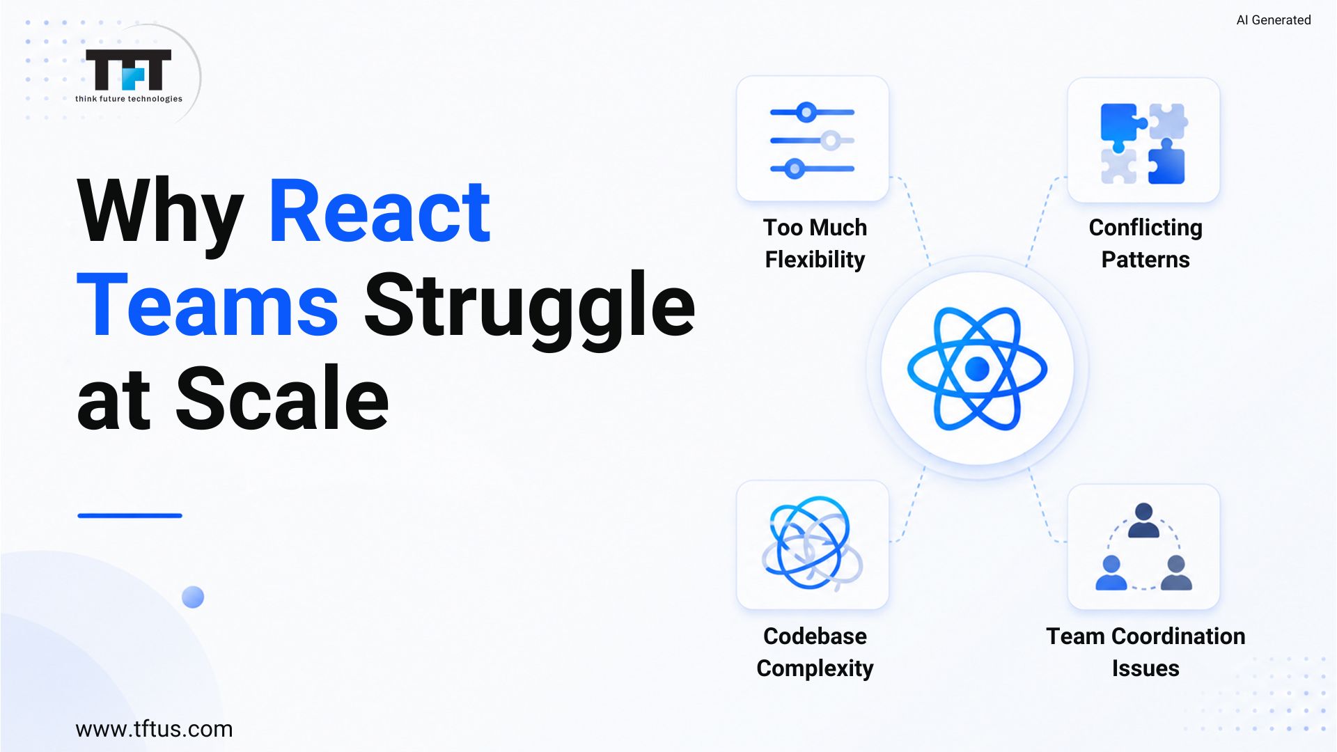 TFT Think Future Technologies graphic explaining why React teams struggle at scale, highlighting flexibility, conflicting patterns, codebase complexity, and team coordination issues around the React logo