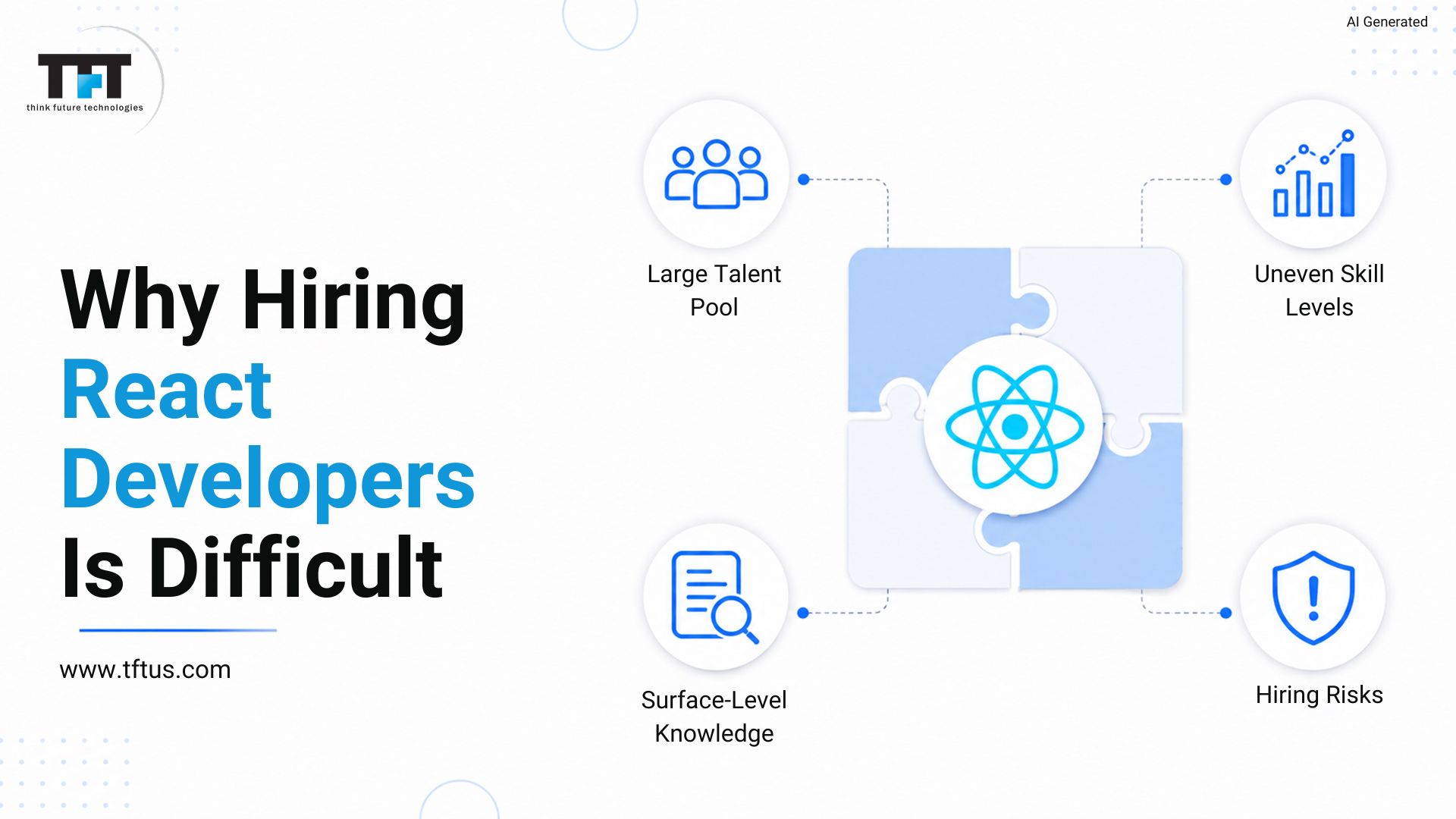 TFT Think Future Technologies infographic explaining why hiring React developers is difficult, highlighting a large talent pool, uneven skill levels, surface-level knowledge, and hiring risks