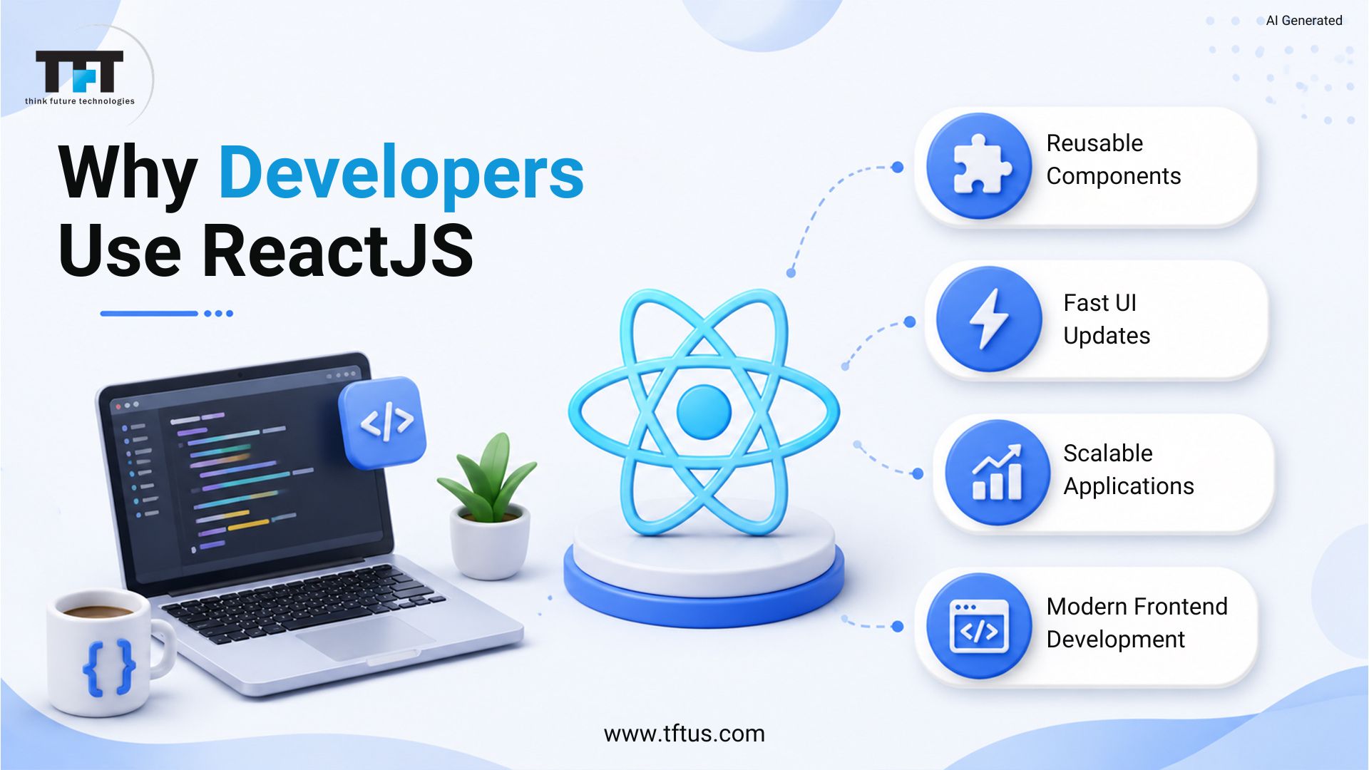 TFT Think Future Technologies infographic explaining why developers use ReactJS, highlighting reusable components, fast UI updates, scalable applications, and modern frontend development