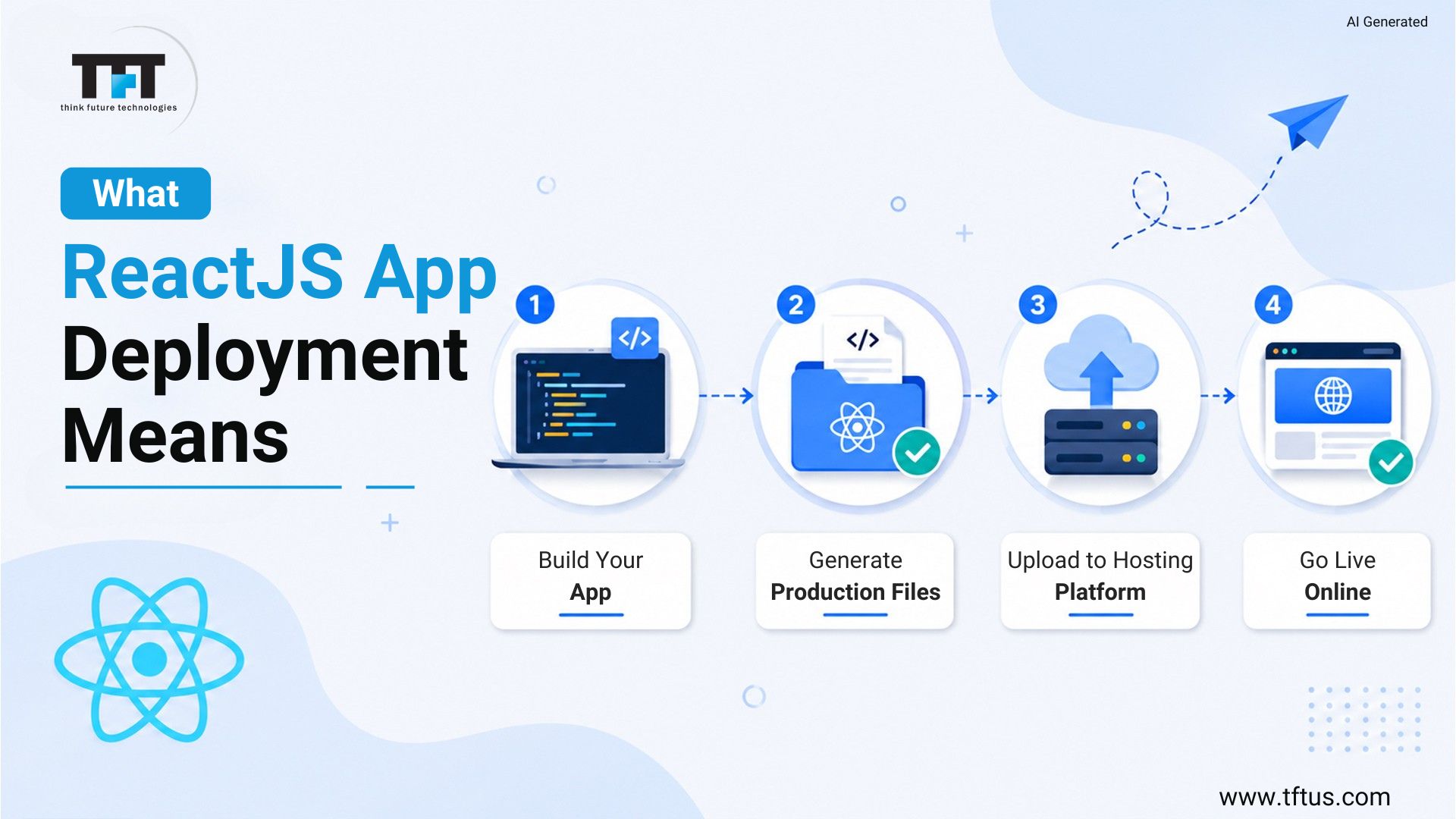 How to Deploy ReactJS App: Step-by-Step Guide for Beginners 2 ReactJS app deployment process showing the steps from building an app to generating production files, uploading to a hosting platform, and going live