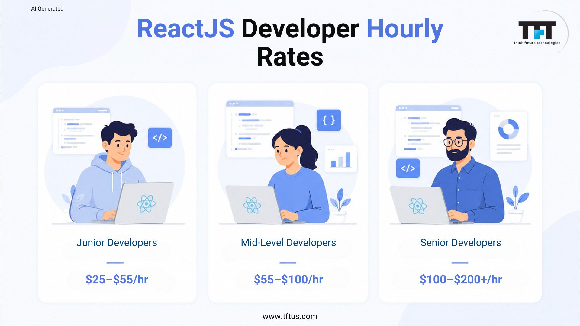 Comparison of ReactJS developer hourly rates for junior, mid-level, and senior developers by experience level