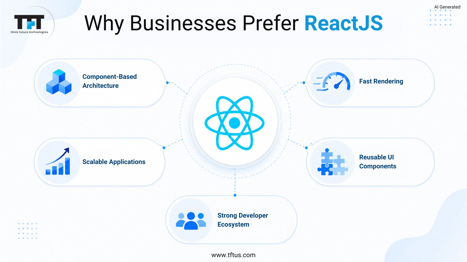 Business benefits of ReactJS including component-based architecture, fast rendering, reusable UI components, scalable applications, and a strong developer ecosystem