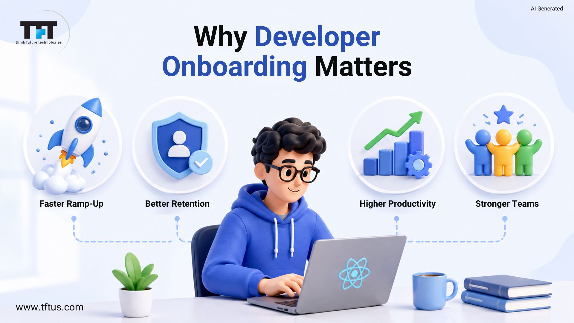 An infographic titled Why Developer Onboarding Matters by think future technologies. A central 3D cartoon developer works on a laptop, surrounded by four key benefits of onboarding: Faster Ramp-Up, Better Retention, Higher Productivity, and Stronger Teams, each illustrated with a corresponding 3D icon.