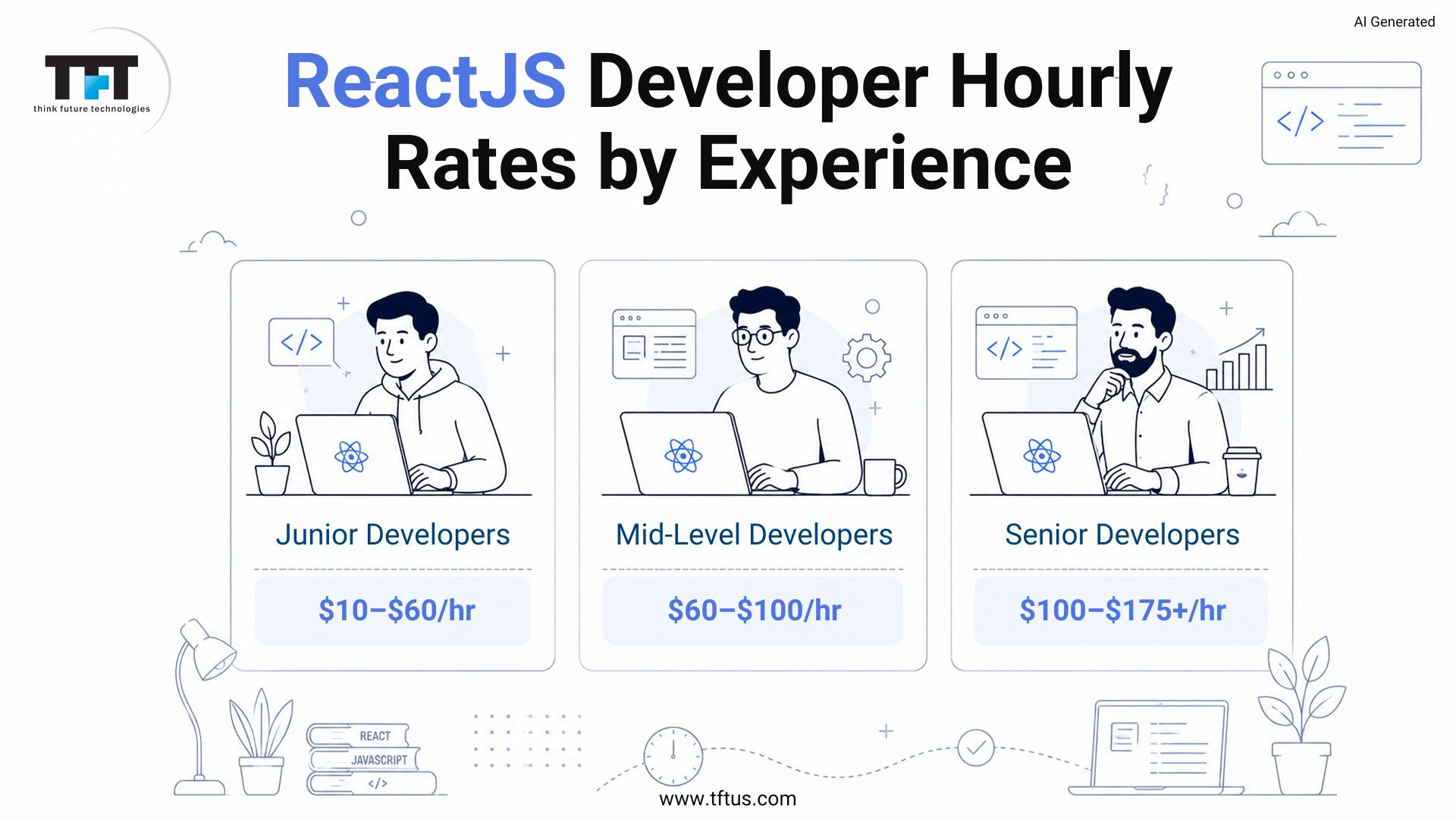 Comparison of ReactJS developer hourly rates for junior, mid-level, and senior developers based on experience
