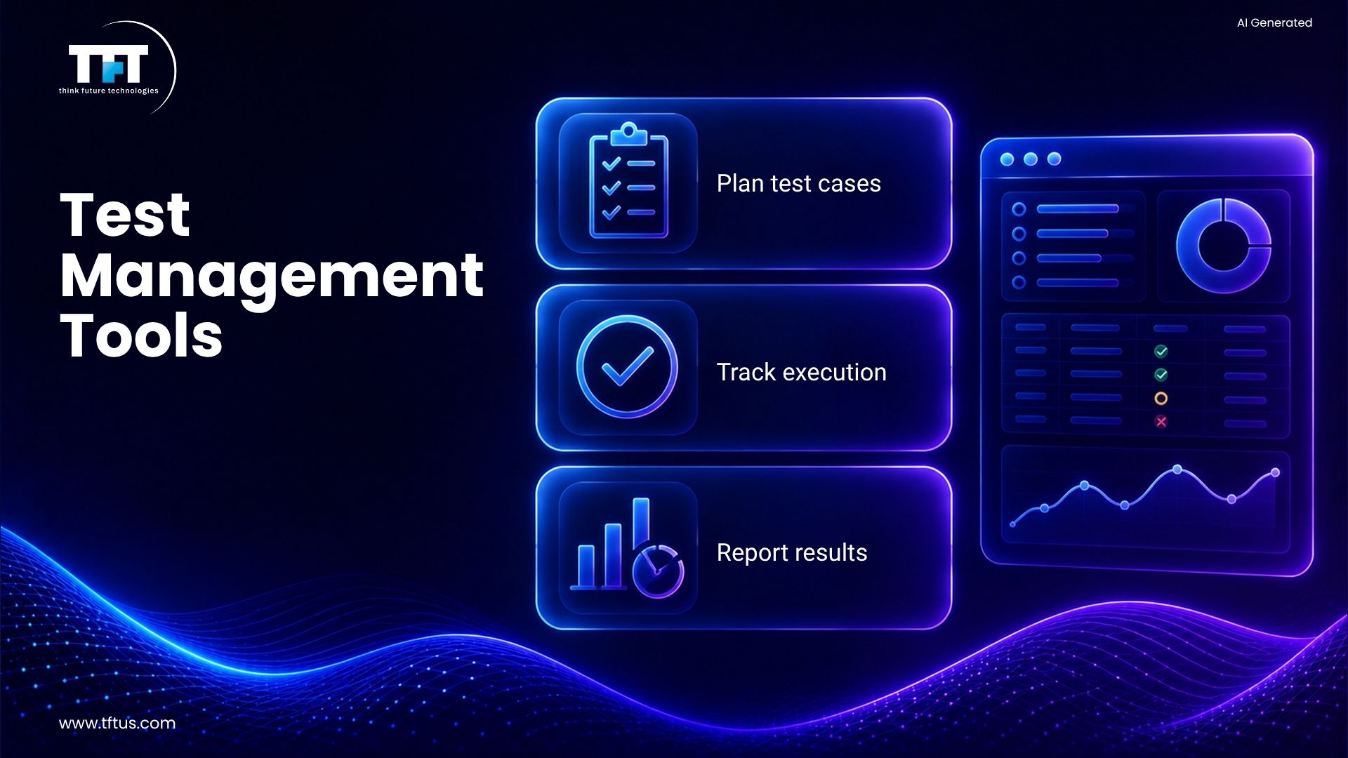 How Many Software Testing Tools Are Available? Complete List & Overview 11 Illustration showing test management tools for planning test cases, tracking execution, monitoring results, and software quality reporting.