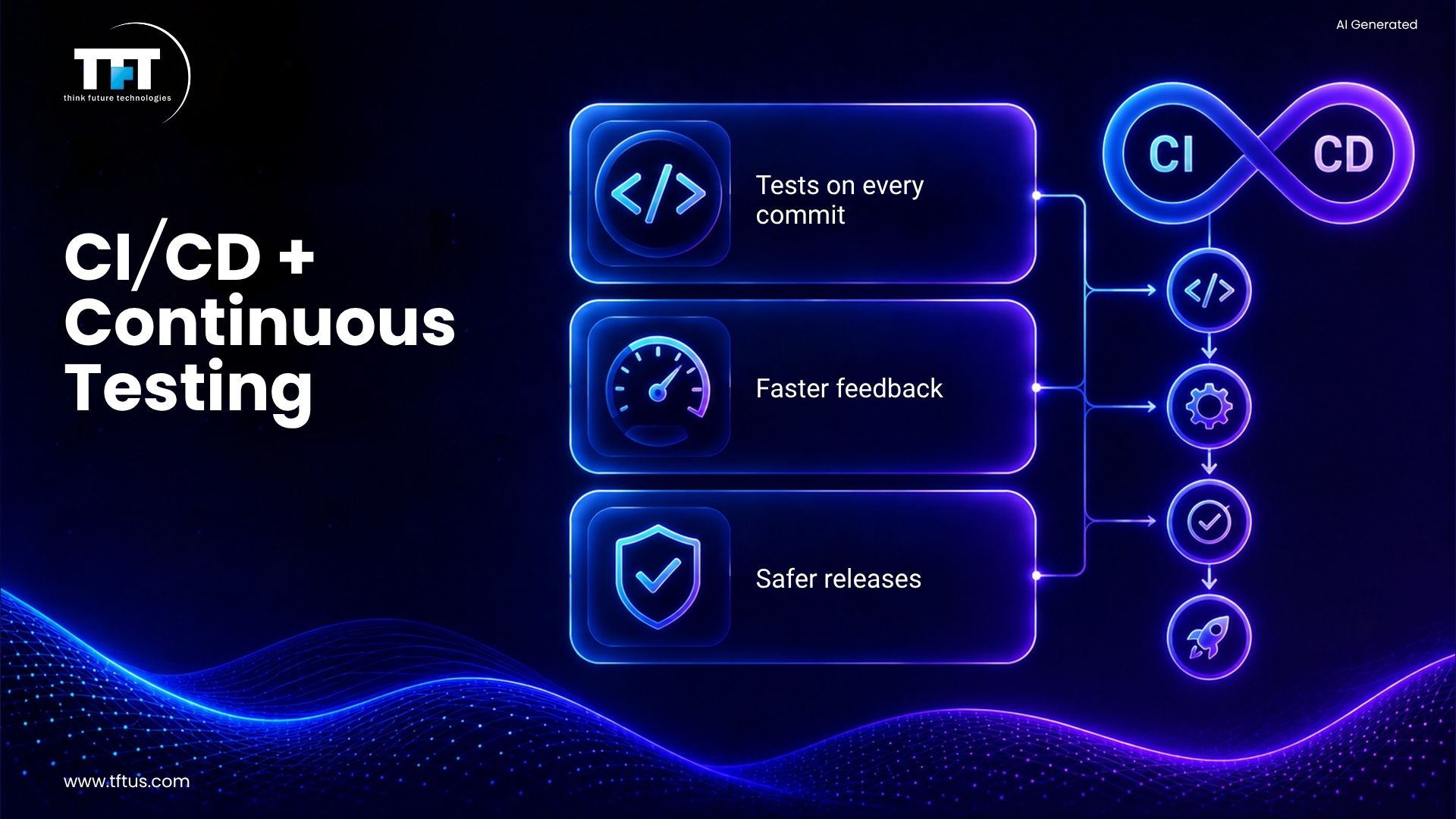 How Many Software Testing Tools Are Available? Complete List & Overview 12 Illustration showing CI/CD and continuous testing with automated test execution, faster developer feedback, continuous integration, and safer software releases.