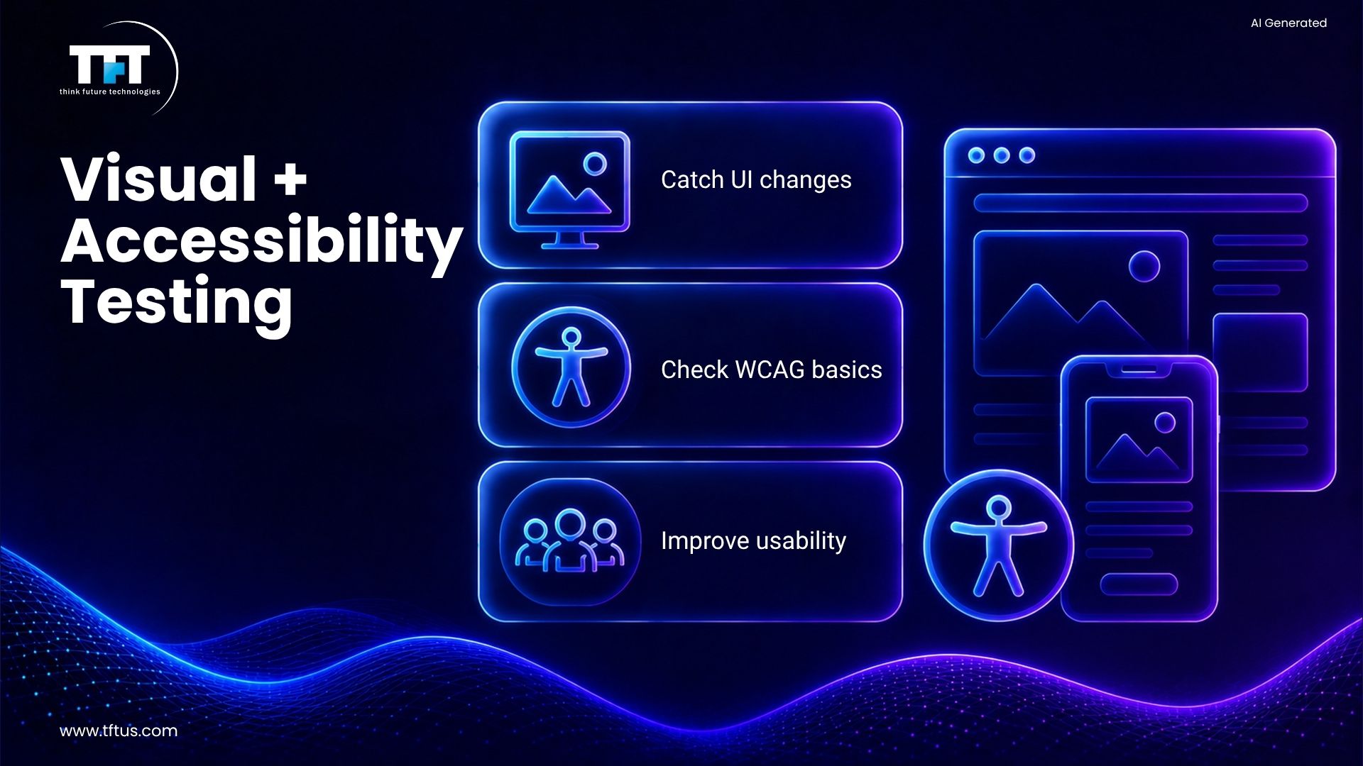 How Many Software Testing Tools Are Available? Complete List & Overview 13 Illustration showing visual and accessibility testing tools used for UI regression testing, WCAG compliance checks, and improving application usability.