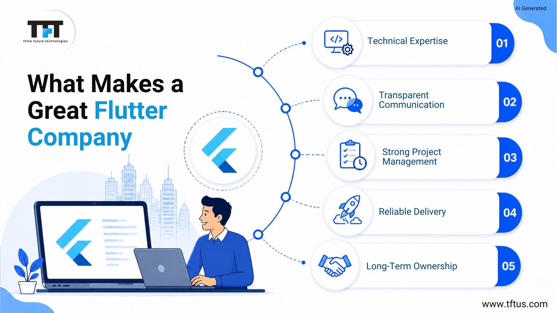 Best Flutter Development Companies: Top Agencies for High-Performance Mobile Apps 14 Illustration outlining the qualities of a reliable Flutter development company, including technical expertise, transparent communication, strong project management, reliable delivery, and long-term ownership, featuring a developer working on a Flutter application.