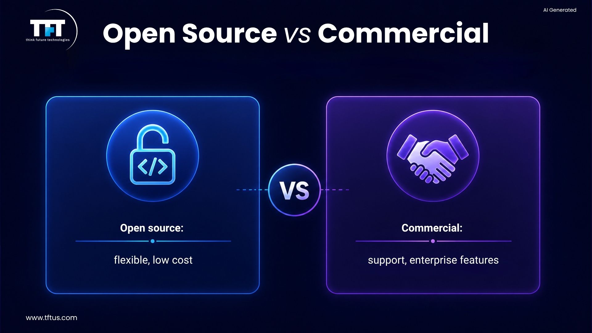 How Many Software Testing Tools Are Available? Complete List & Overview 14 Illustration comparing open-source and commercial software testing tools, highlighting flexibility, cost, enterprise support, and advanced features.