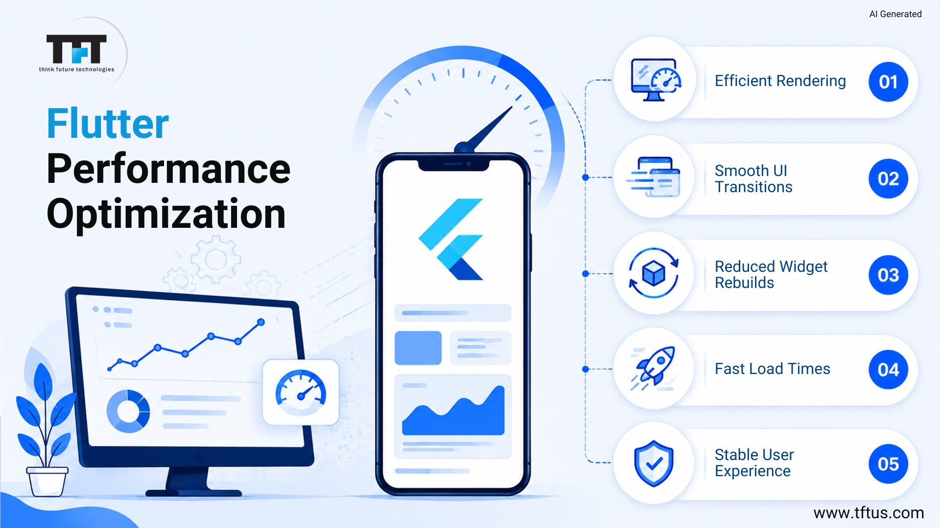 Best Flutter Development Companies: Top Agencies for High-Performance Mobile Apps 11 An infographic titled "Flutter Performance Optimization" by Think Future Technologies, listing five key performance benefits alongside illustrations of a smartphone with the Flutter logo, a desktop monitor displaying analytics, and a large speedometer.