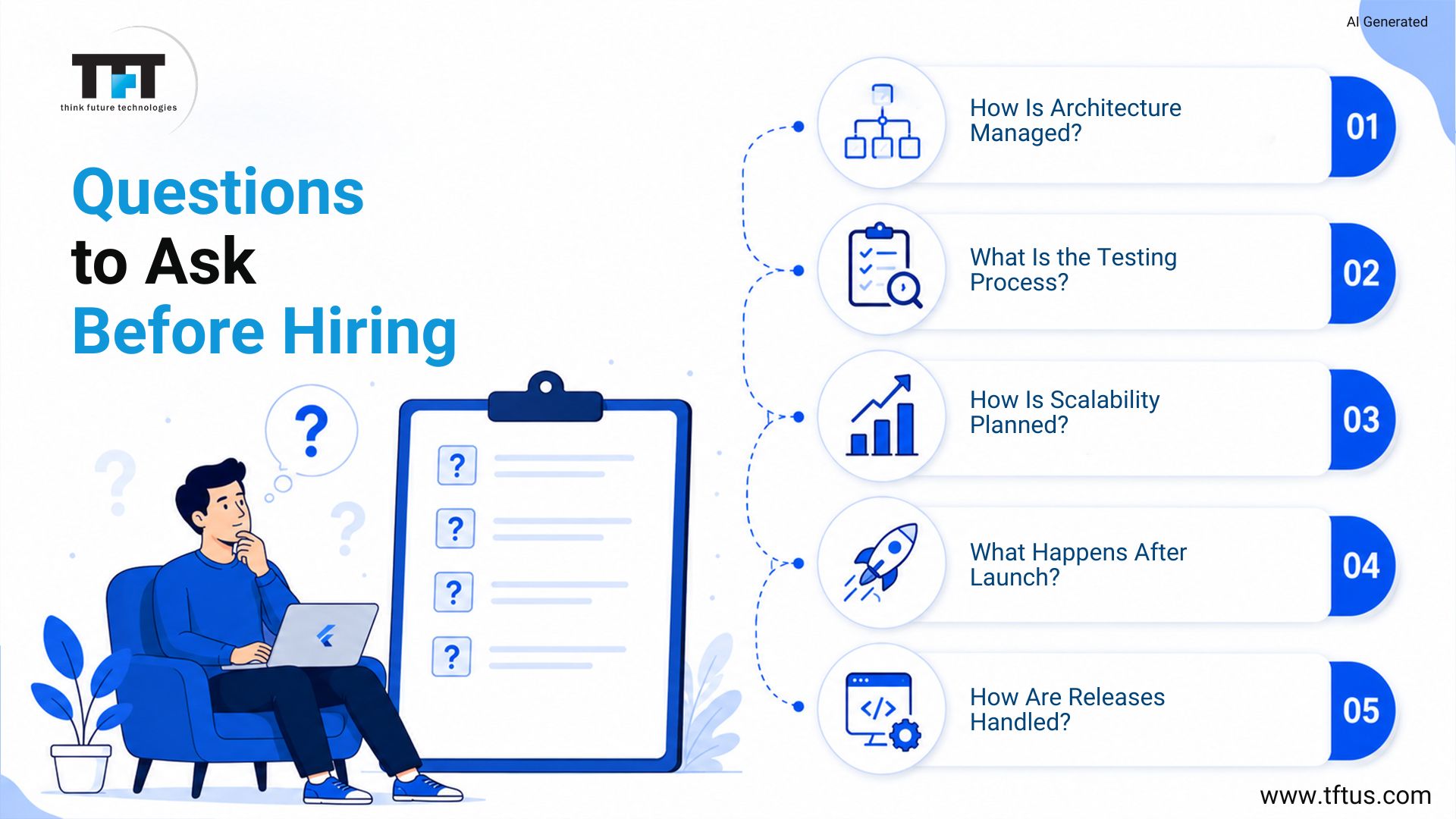 Best Flutter Development Companies: Top Agencies for High-Performance Mobile Apps 8 An infographic titled "Questions to Ask Before Hiring" featuring an illustration of a person on a laptop thinking next to a large checklist, with five key hiring evaluation questions listed on the right.