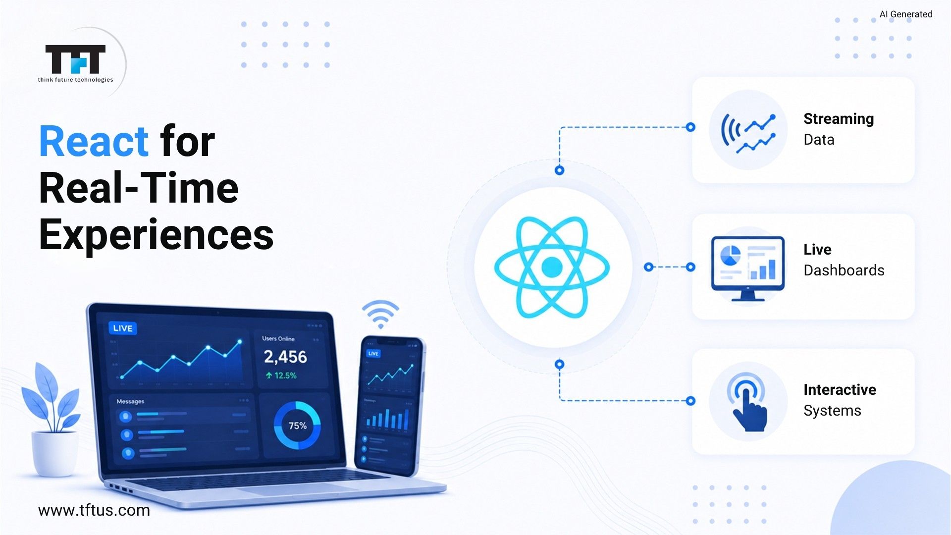 Top ReactJS Development Companies: Best Agencies for Modern Web Development 15 Illustration of React powering real-time applications with live dashboards, streaming data, and interactive user interfaces across desktop and mobile devices, emphasizing responsive enterprise experiences.