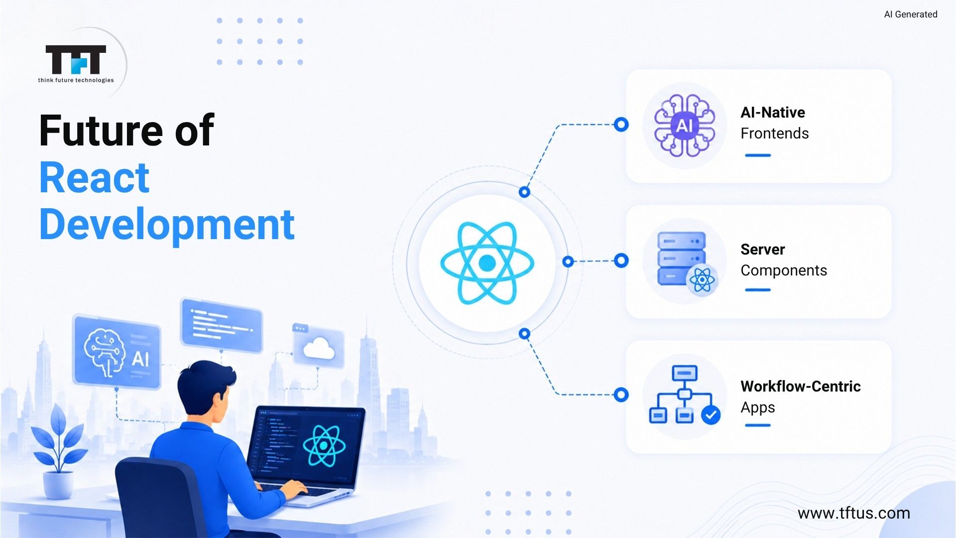 Top ReactJS Development Companies: Best Agencies for Modern Web Development 9 Illustration exploring the future of React development with AI-native frontends, React Server Components, and workflow-centric enterprise applications designed for intelligent user experiences.