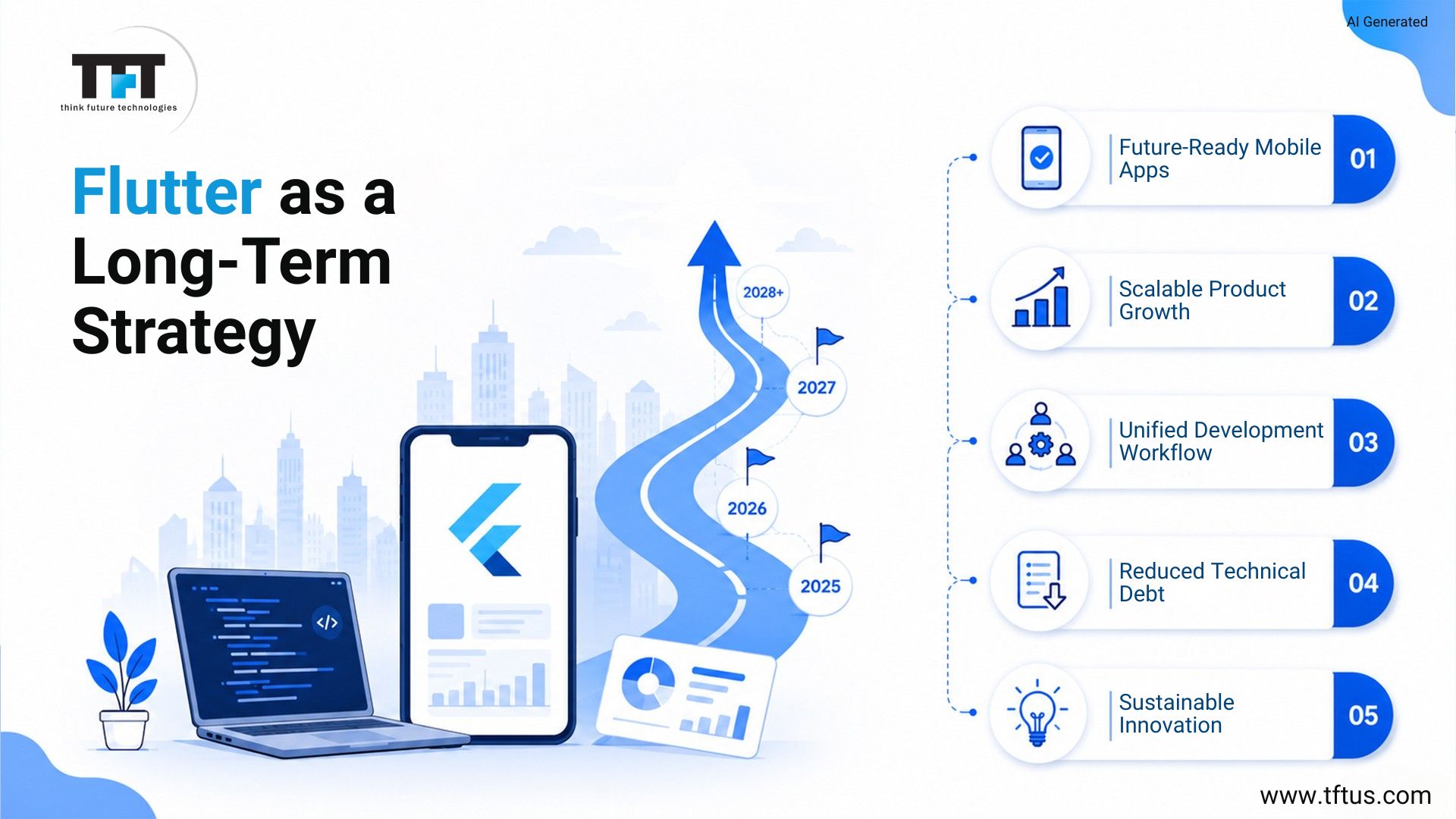 Best Flutter Development Companies: Top Agencies for High-Performance Mobile Apps 15 An infographic titled "Flutter as a Long-Term Strategy" depicting a winding upward road marked with timeline flags from 2025 to 2028+, next to five long-term strategic benefits of using Flutter.