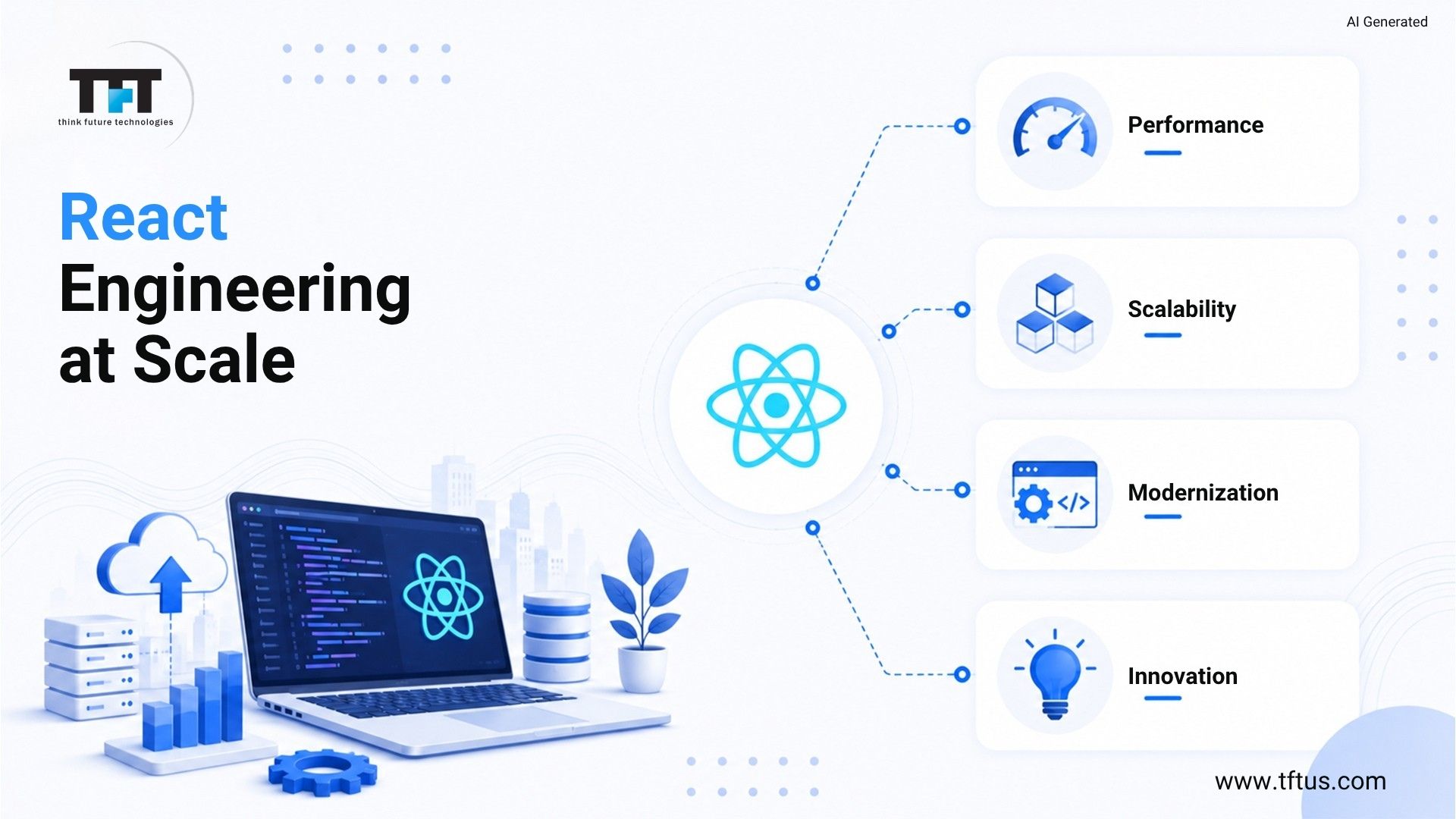 Top ReactJS Development Companies: Best Agencies for Modern Web Development 12 Illustration representing enterprise React engineering with cloud infrastructure, scalable architecture, application modernization, performance optimization, and innovation for large-scale web development projects.