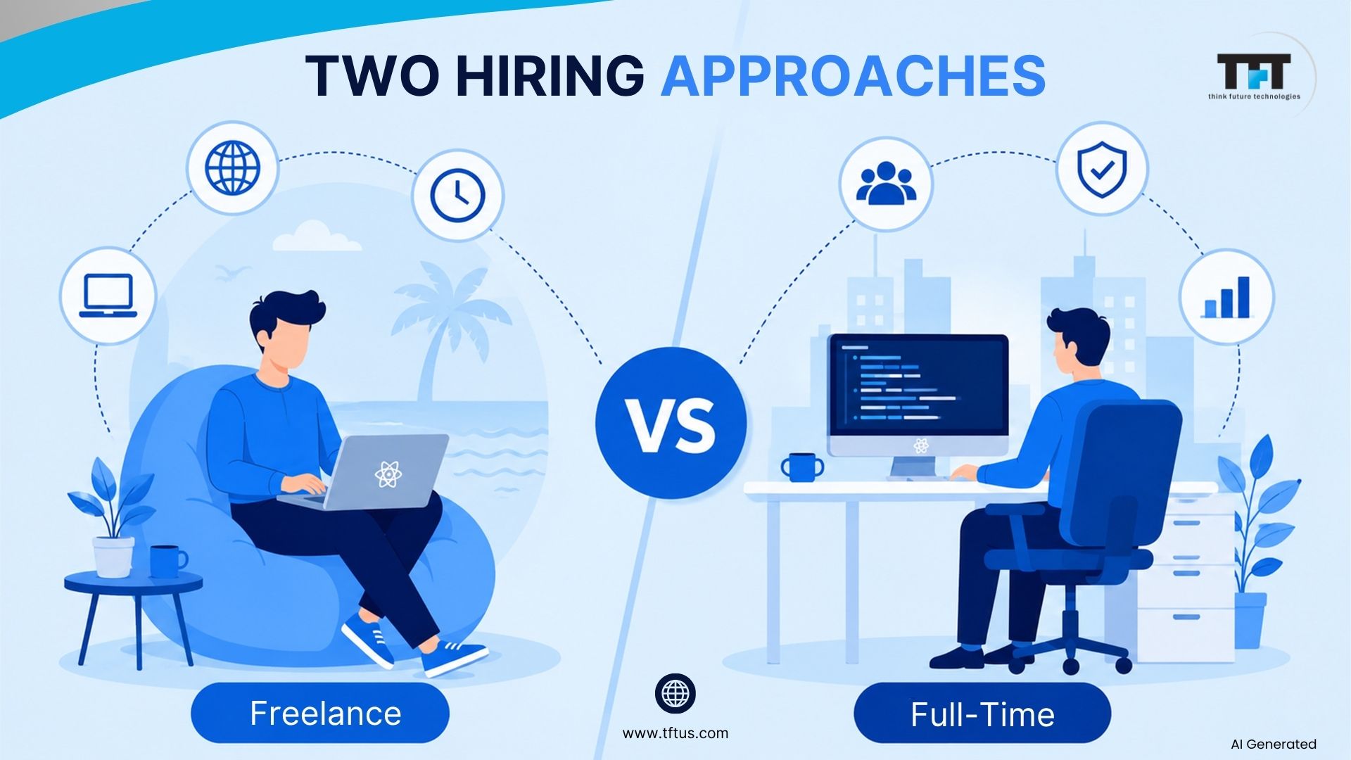 Illustration introducing the two primary hiring approaches for ReactJS development, comparing freelance developers with full-time developers across key decision factors.
