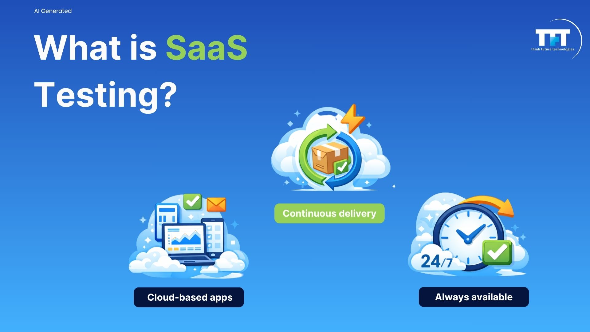 Performance Testing Of SaaS-Based Application 2 Illustration explaining SaaS performance testing, highlighting cloud-based applications, continuous delivery, and always-on availability as core characteristics of SaaS platforms.