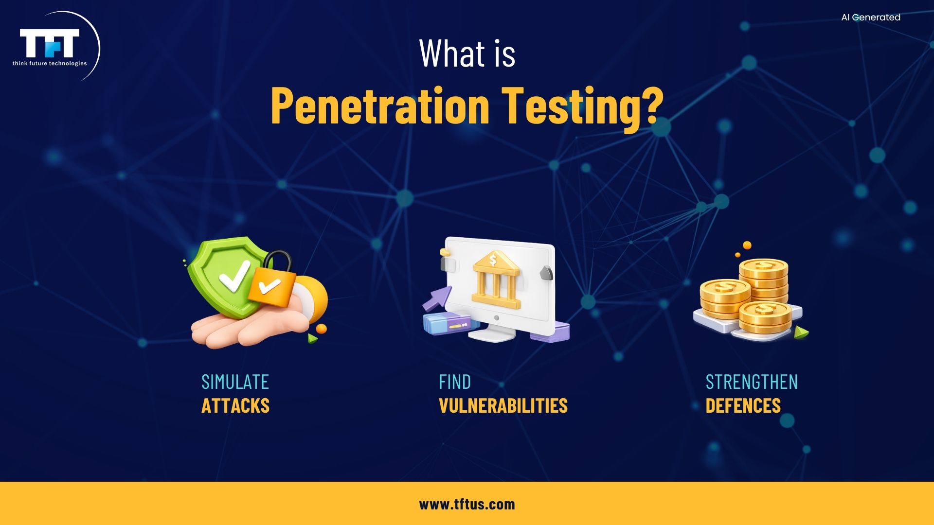 Illustration explaining penetration testing by demonstrating simulated cyberattacks, identifying security vulnerabilities, and strengthening defenses before malicious actors can exploit them.
