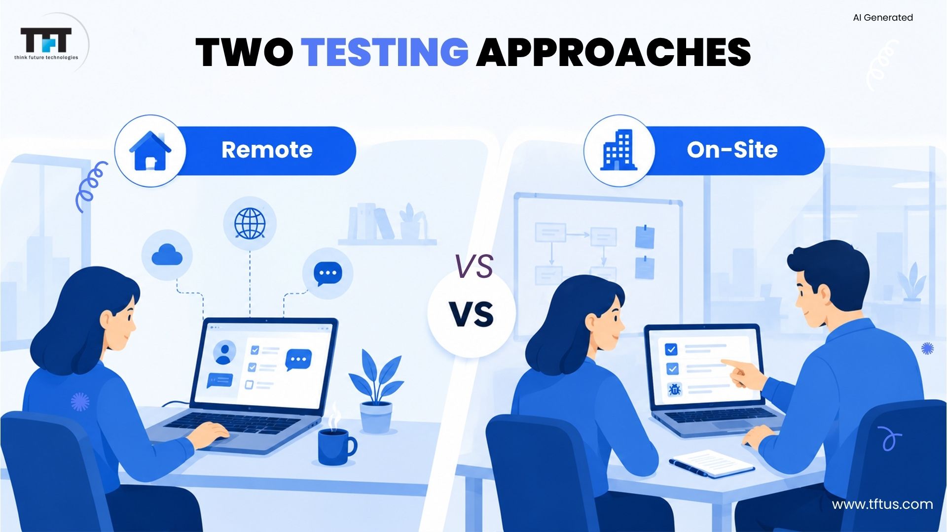 Illustration comparing remote and on-site testing, highlighting the key differences in communication, collaboration, accessibility, and project execution.
