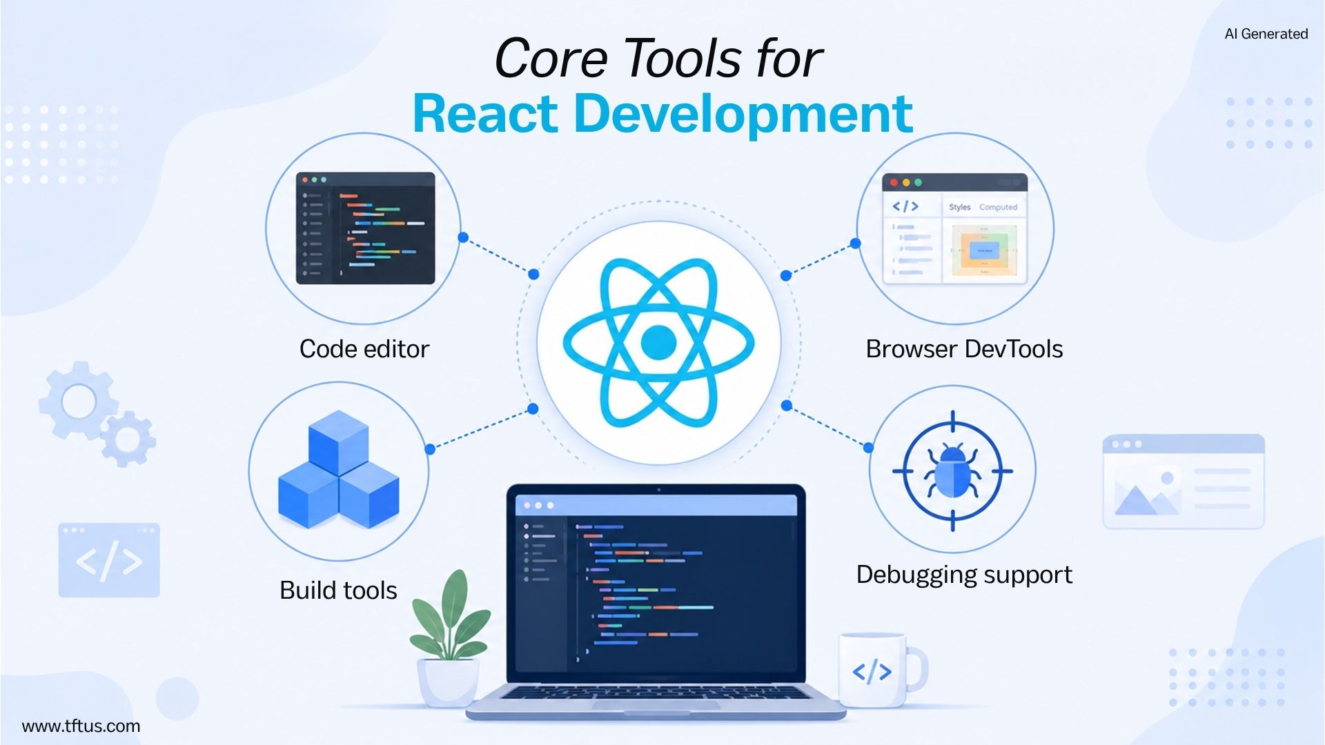 Infographic highlighting core React development tools, including code editors, browser DevTools, build tools, and debugging support for efficient ReactJS development.
