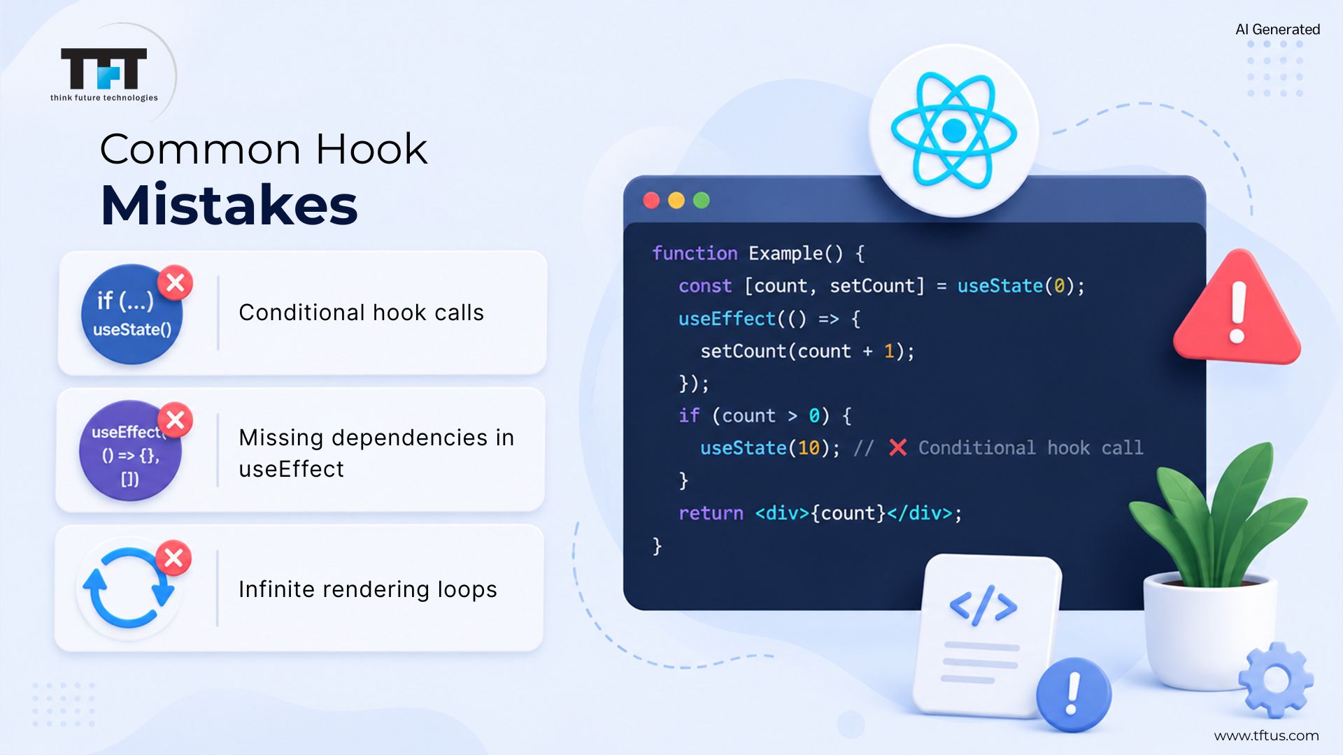 Infographic explaining common React Hook mistakes, including conditional hook calls, missing useEffect dependencies, and infinite rendering loops with example code snippets.
