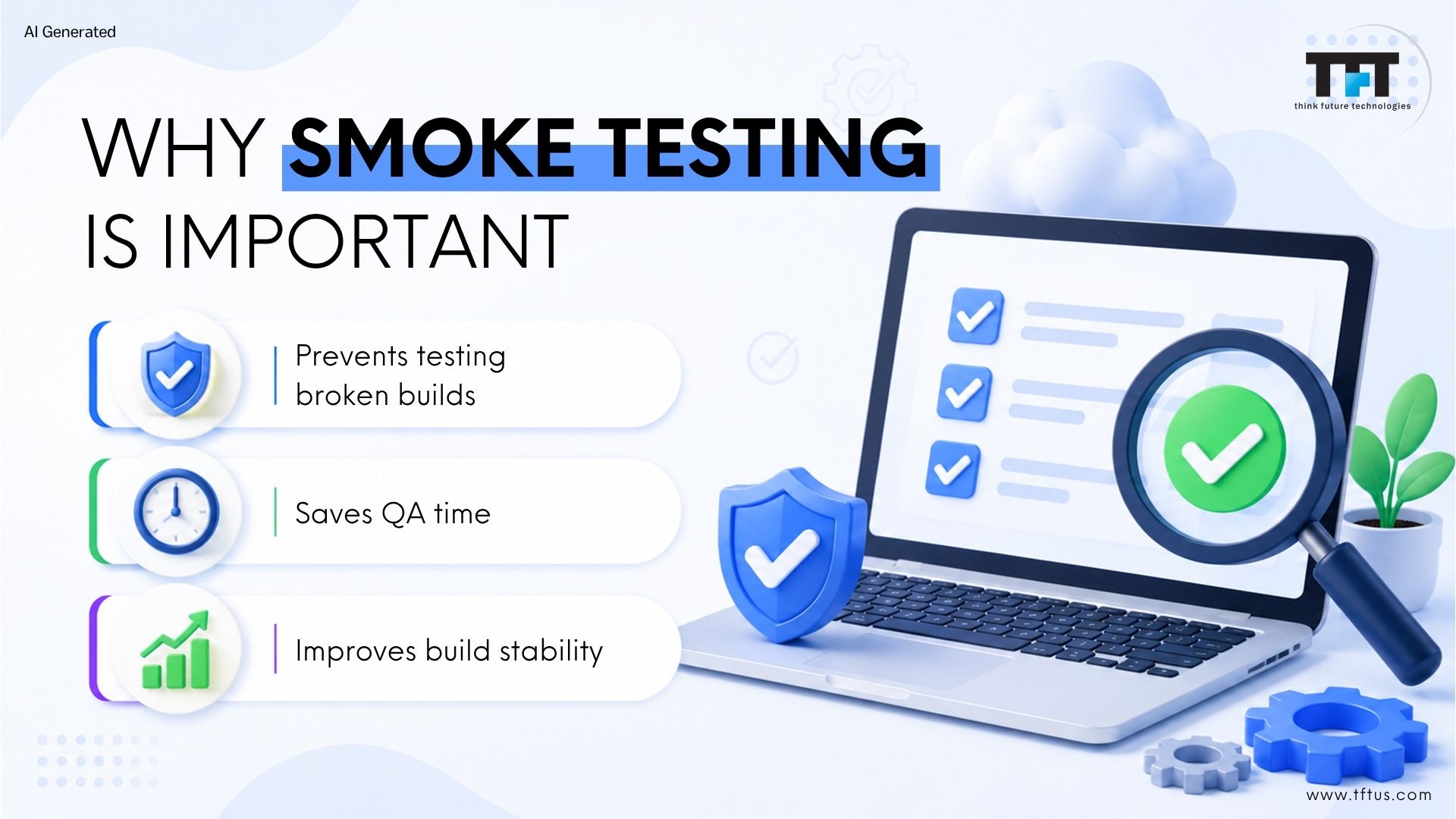 What Is a Smoke Test in Software? Definition, Purpose & Examples 3 Infographic explaining why smoke testing is important, showing how it prevents broken builds, saves QA time, and improves software build stability through early validation.