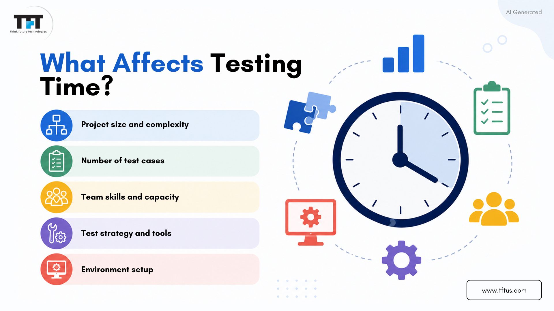 How Long Does Software Testing Take? Factors, Stages & Time Estimates 3 Infographic showing the key factors that affect software testing time, including project size, test case volume, team expertise, testing tools, and environment setup.