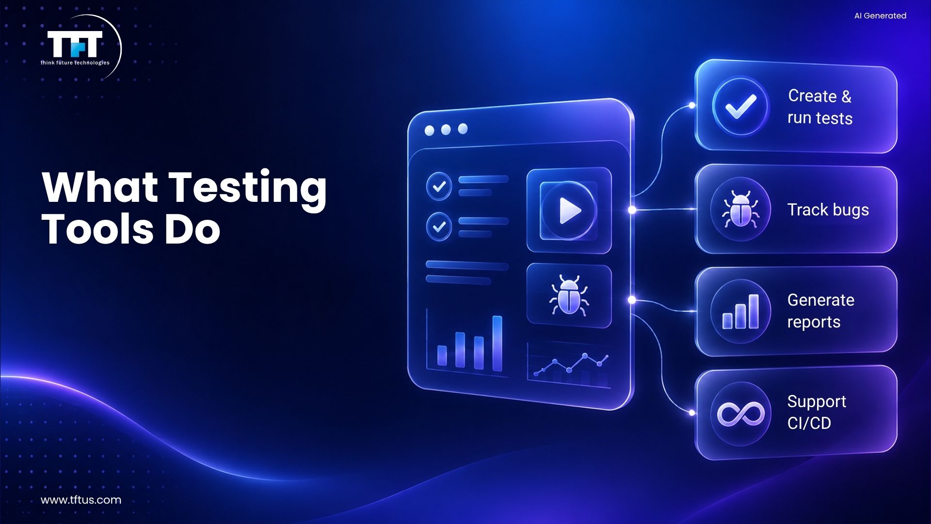 How Many Software Testing Tools Are Available? Complete List & Overview 3 Illustration showing a software testing dashboard used to create tests, track bugs, generate reports, and support CI/CD automation.