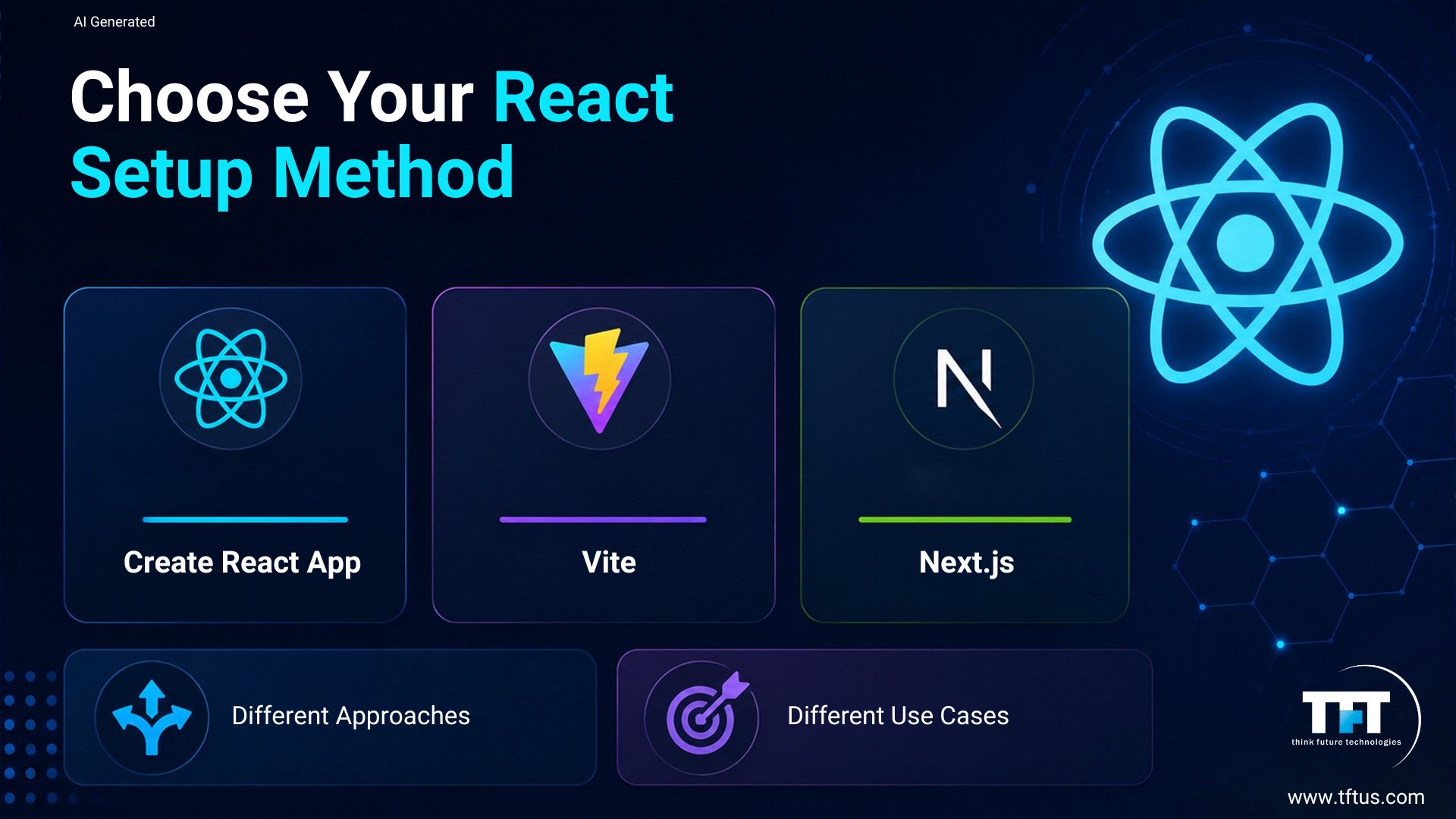 A conceptual selection guide titled "Choose Your React Setup Method" presenting three popular environment installation options: Create React App, Vite, and Next.js.