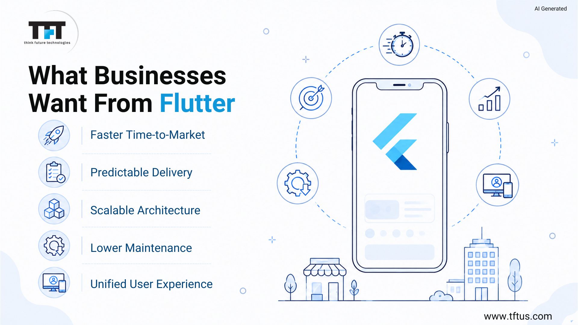 Best Flutter Development Companies: Top Agencies for High-Performance Mobile Apps 13 Graphic illustrating what businesses expect from Flutter development, including faster time-to-market, predictable delivery, scalable architecture, lower maintenance, and a unified user experience, with the Flutter logo at the center of a mobile application ecosystem.